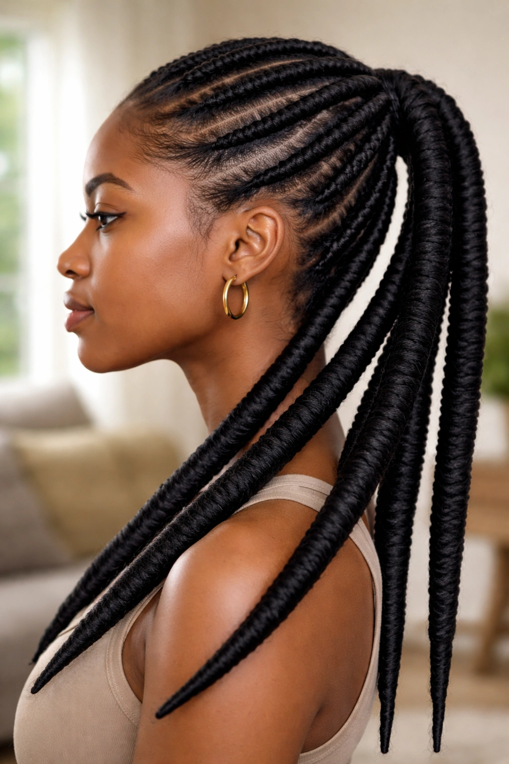 Side-profile of a real woman with thread-wrapped hair creating a dramatic stretched look