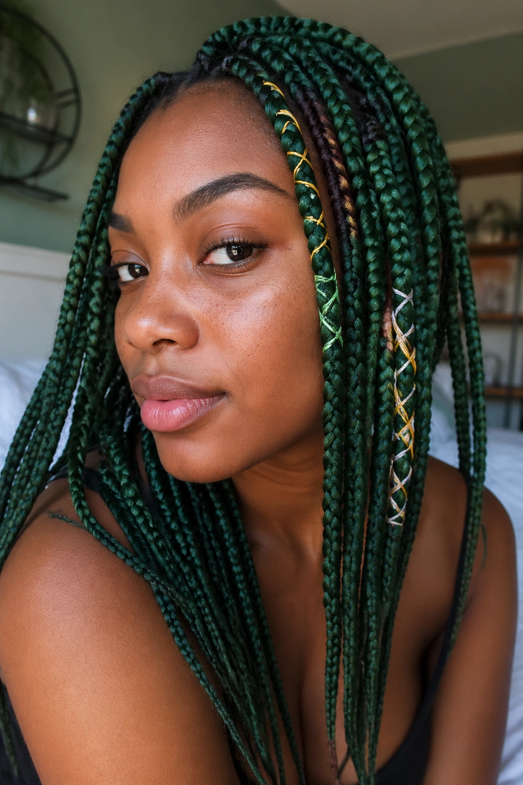 Close-up portrait of green box braids with thread wraps on a real person