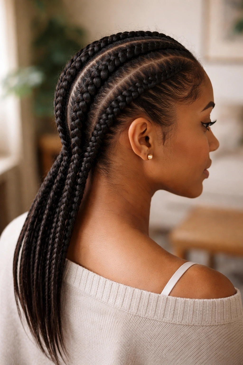 Close-up of a real woman with three cornrows from hairline to nape, viewed from behind-left in a cozy room.