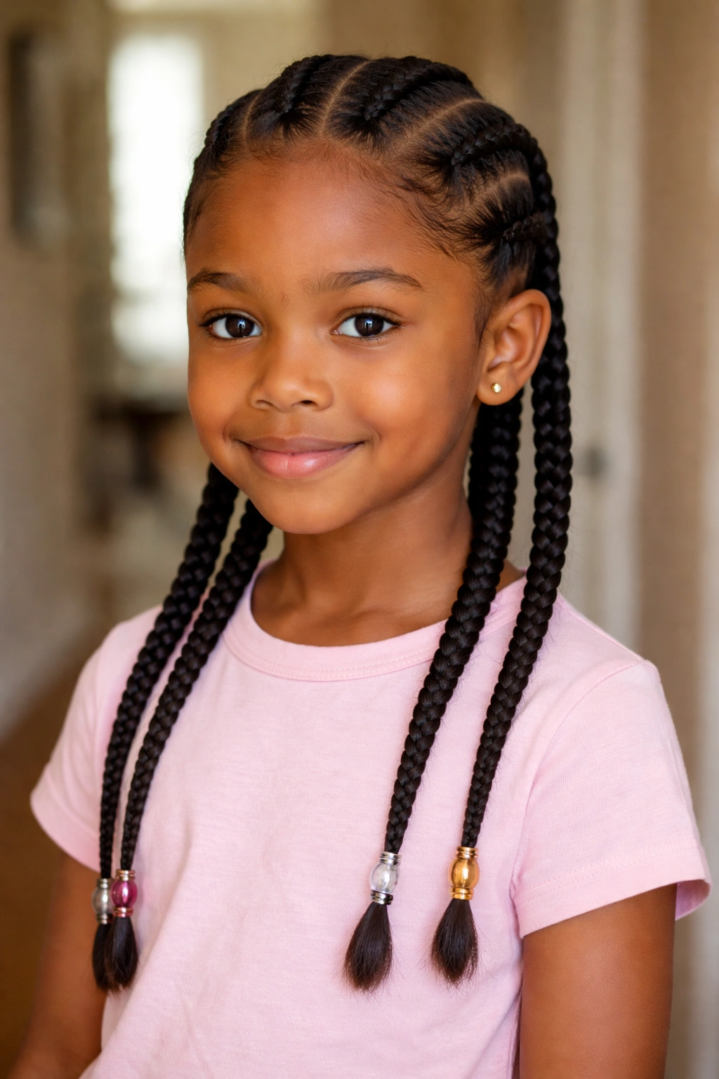 Three cornrows ending in beads on a young girl's braids