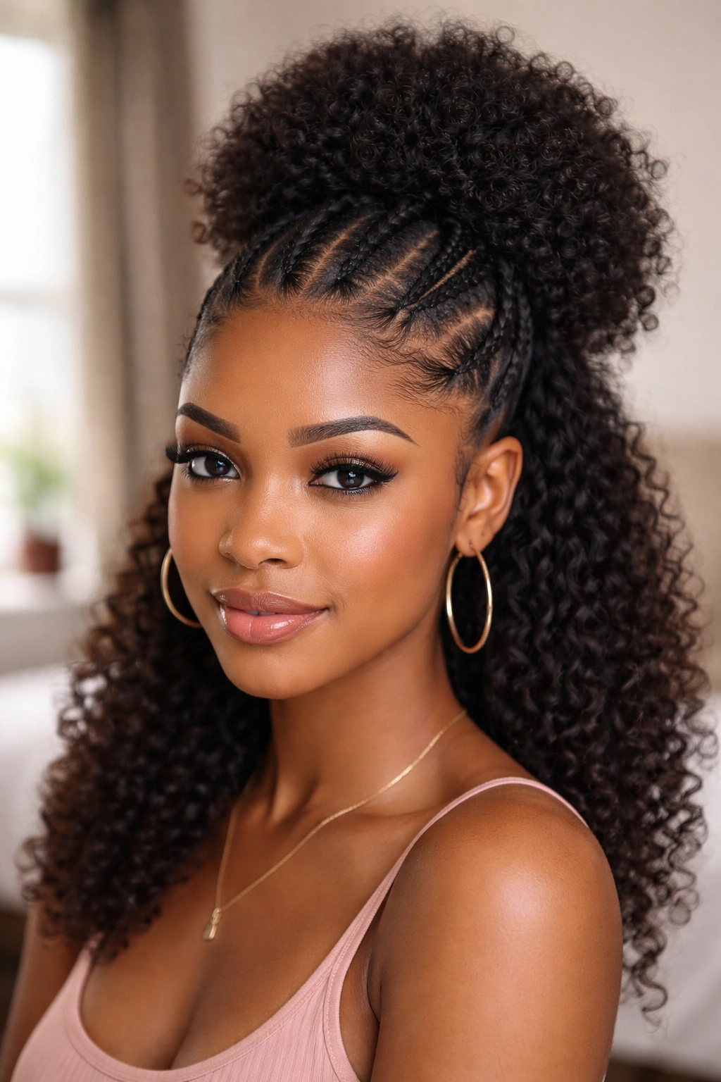 Portrait of woman with three cornrows forming a half puff.