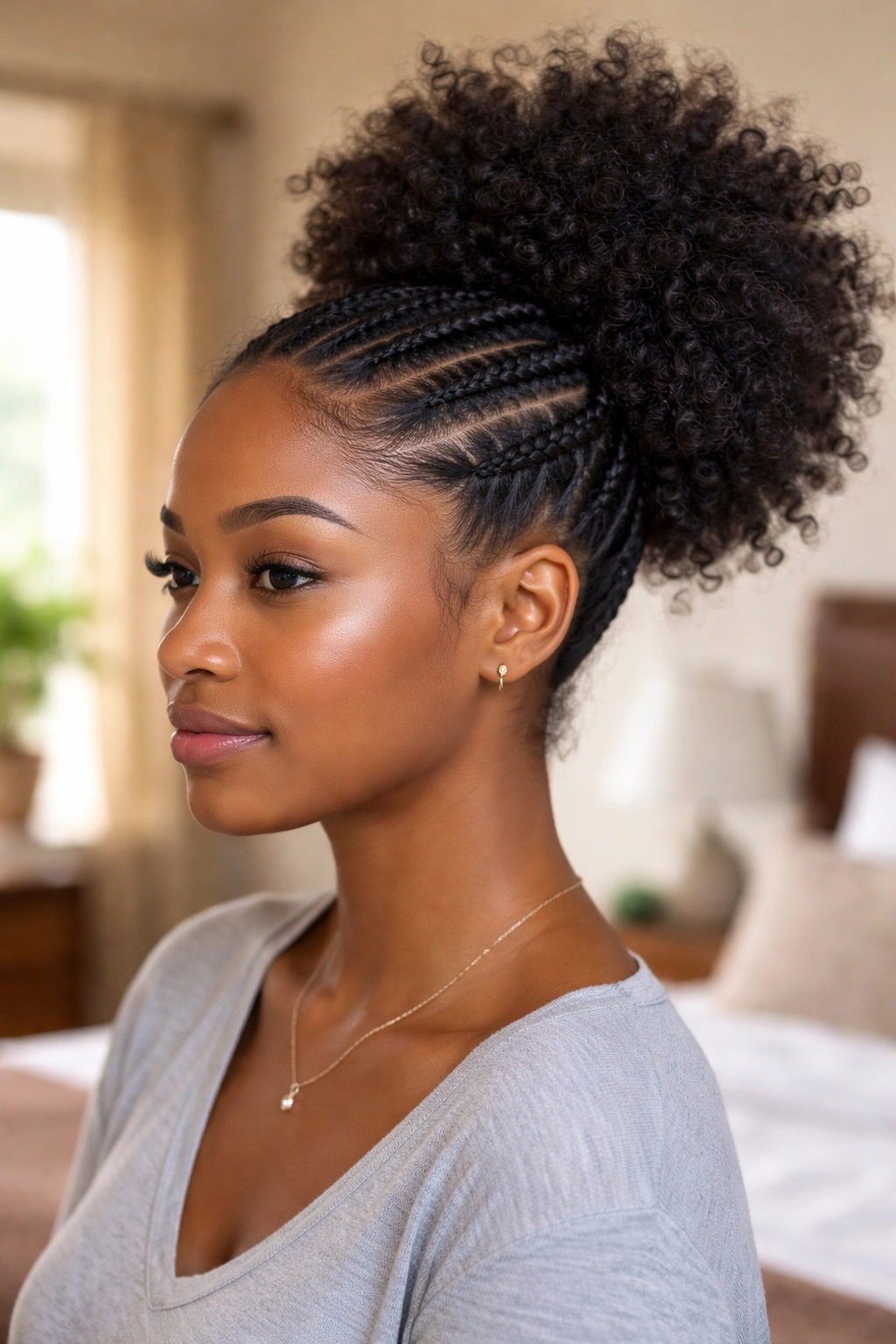 Portrait of a person with three cornrows on the side flowing into a high puff.