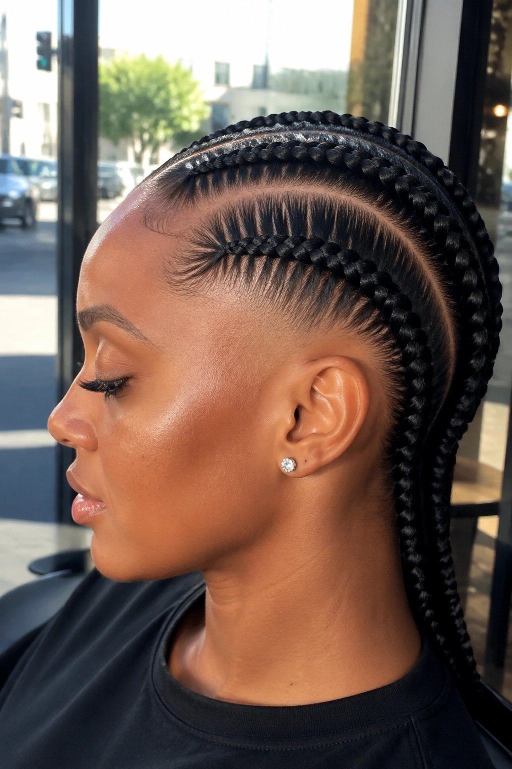 Profile view of three big cornrows with wide temple gaps on real person