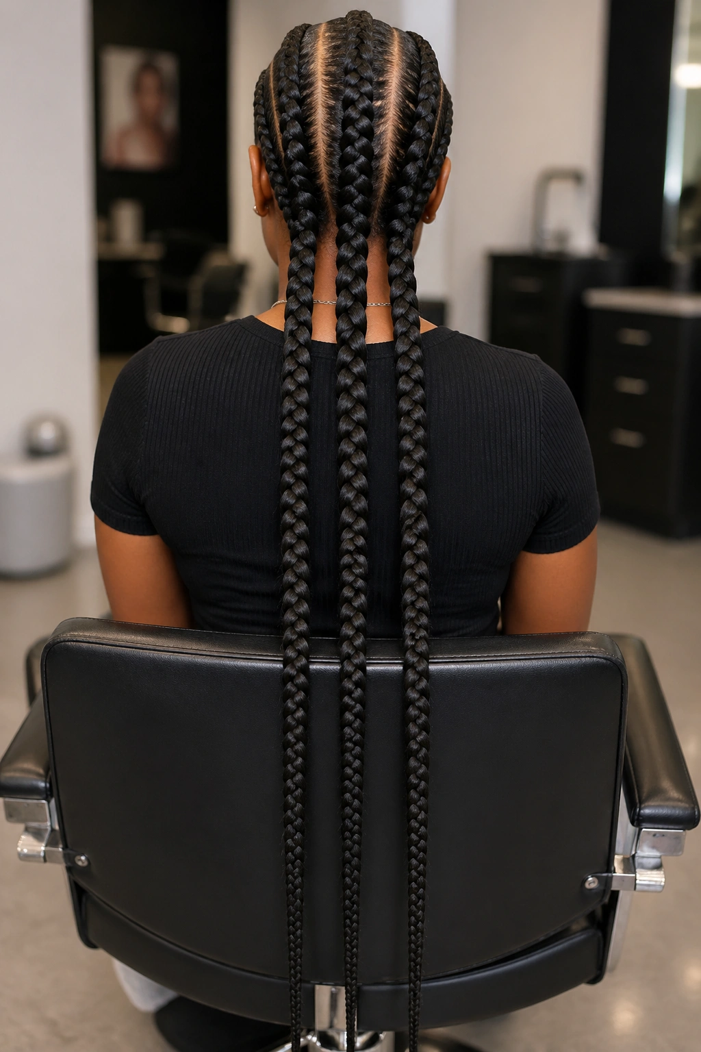 Back view of a real person with three thick cornrows extending to waist length