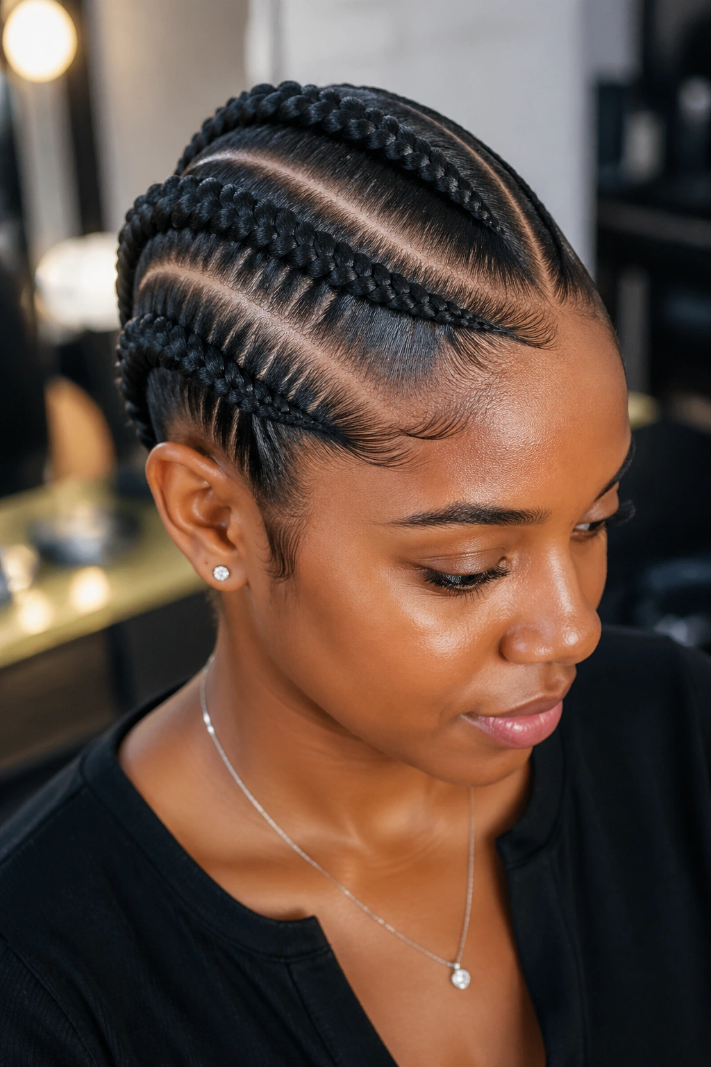 Close-up portrait of a real woman wearing three diagonal French cornrows side-swept across the head in a salon.