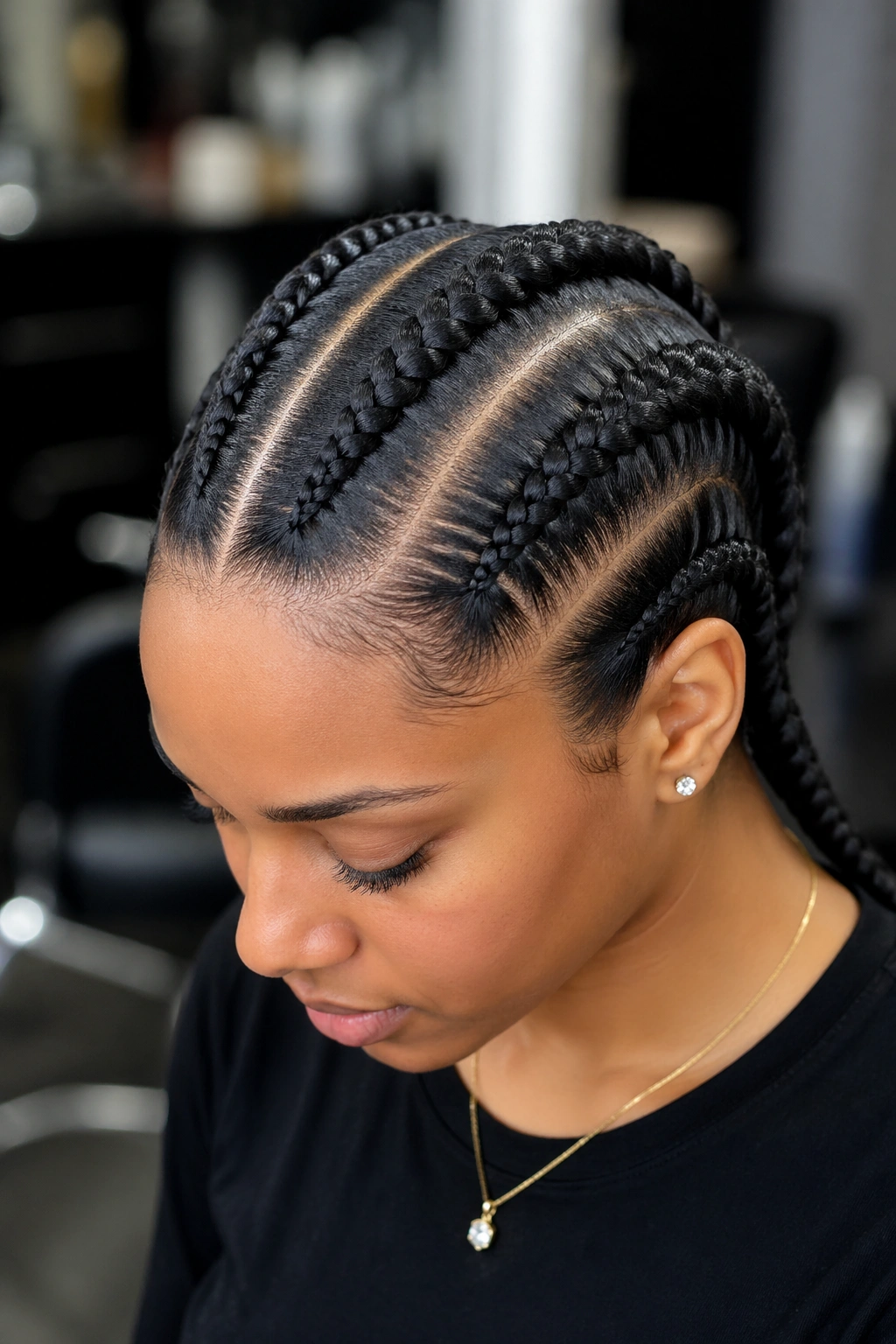 Close-up of three jumbo cornrows braided back on a real person