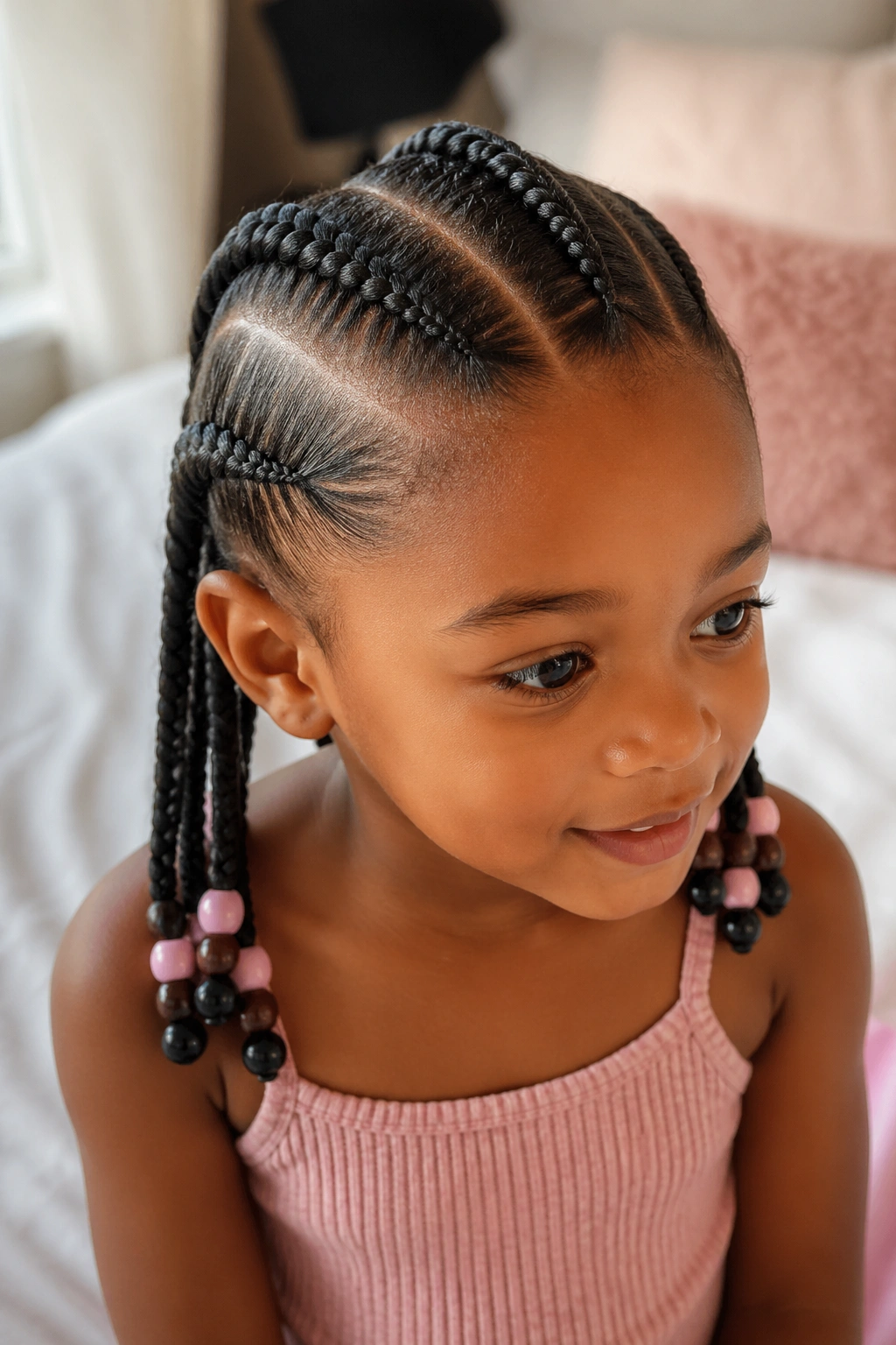 Close-up of a child with three jumbo cornrows and beaded ends in a cozy room