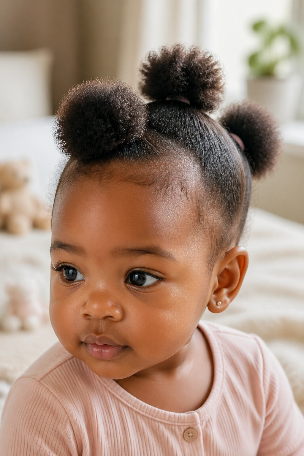 Close-up of toddler with three puffs along the crown hairstyle