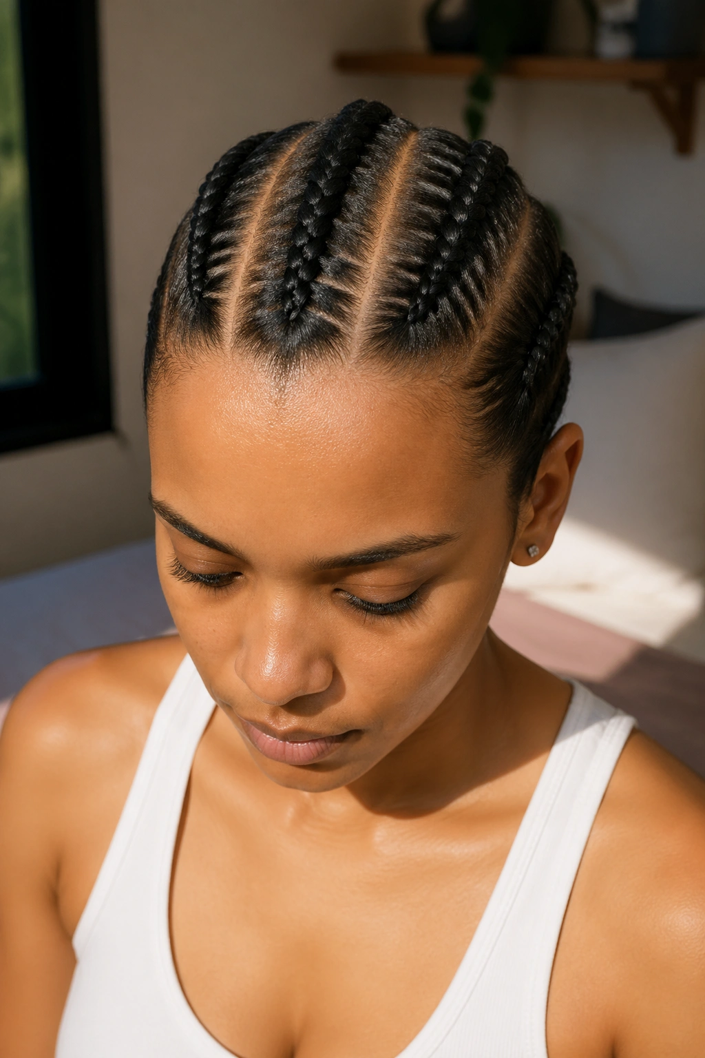 Close-up of real person with three straight-back cornrows
