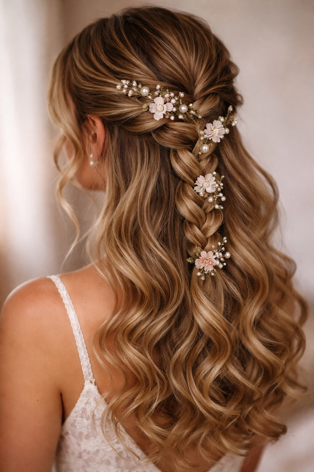 Three-strand braid half-up with floral pins