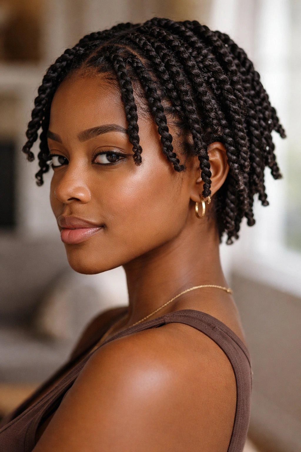 Close-up of a real woman wearing three-strand twists showing rope-like texture