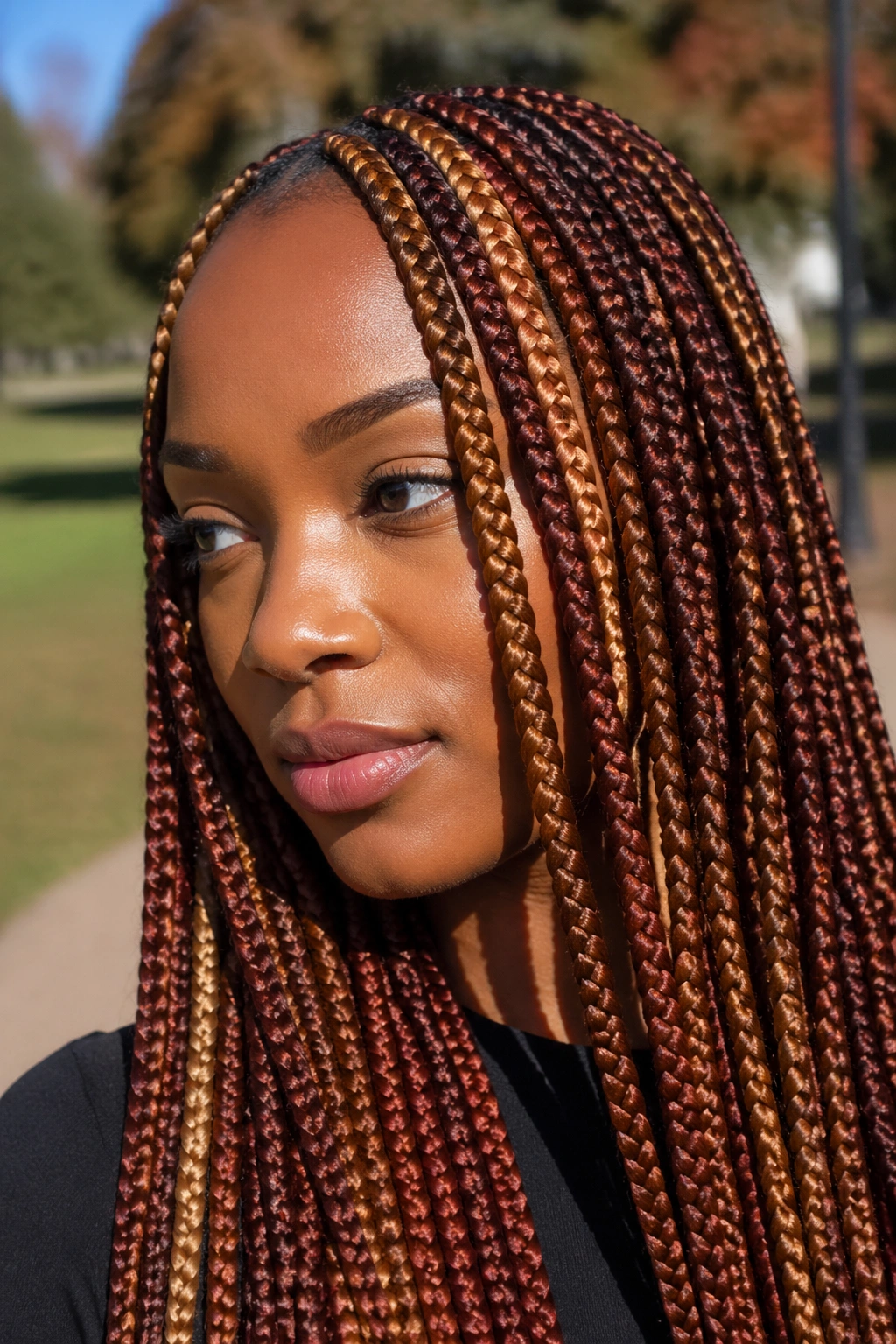 Close-up of three-tone auburn copper caramel box braids in daylight