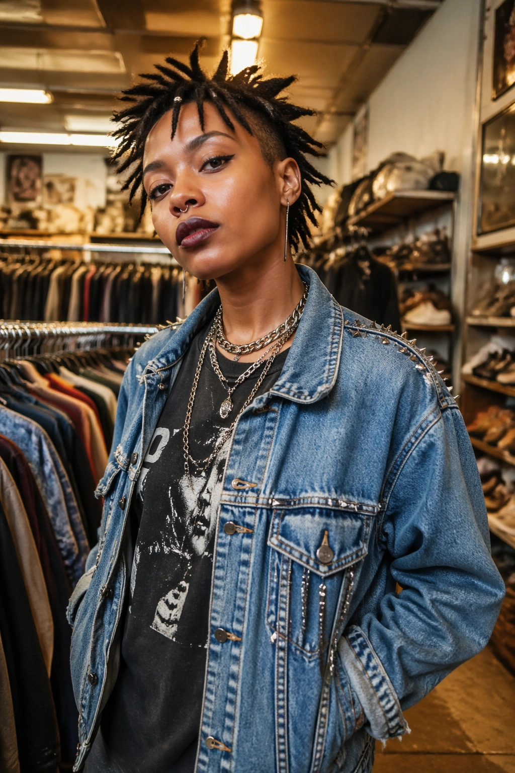 Portrait of a person styling Afro Punk looks from thrifted pieces