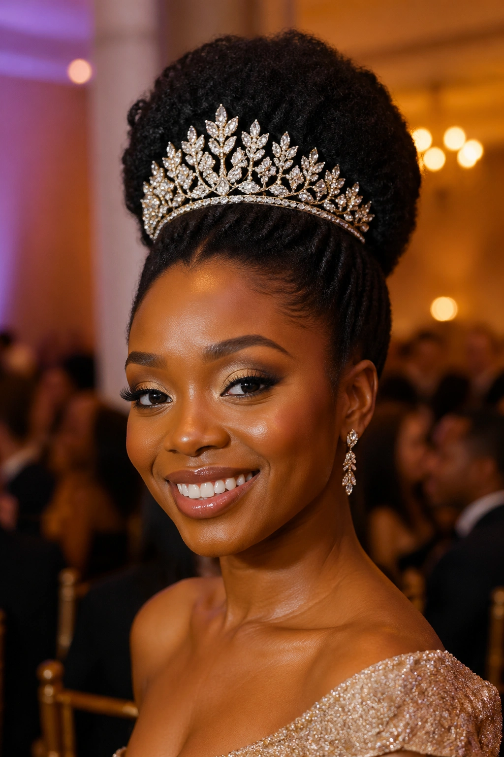 Close-up of natural hair tiara look with high afro puff and tiara.