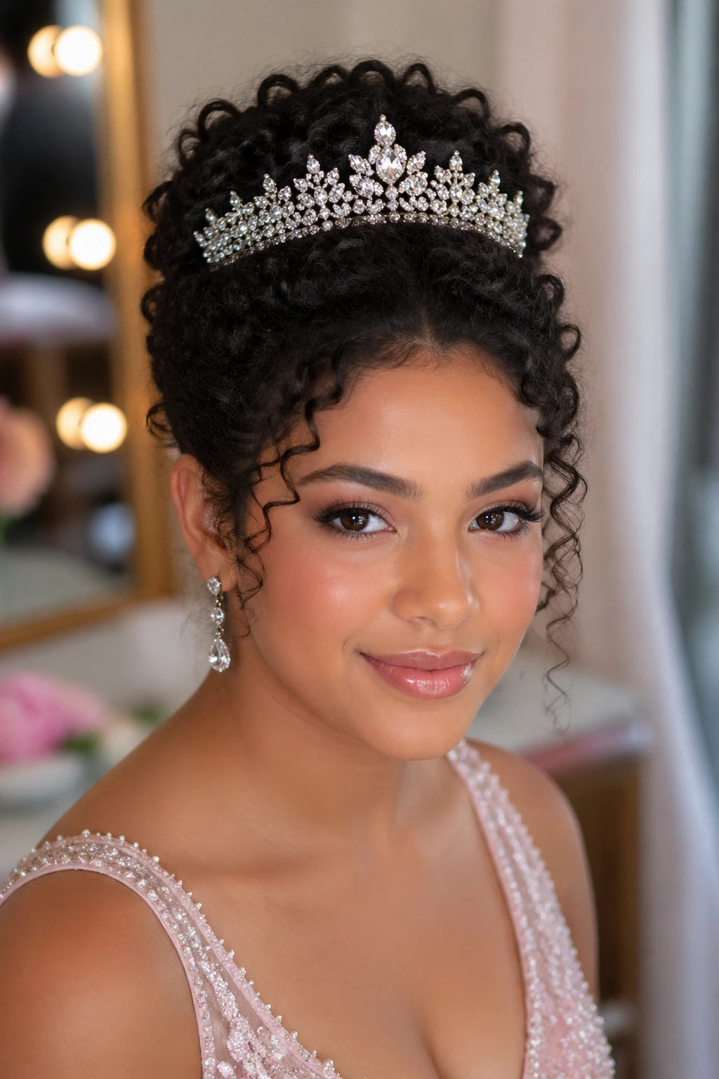 Close-up of a woman with a flat crown hairstyle and tiara in a dressing room.