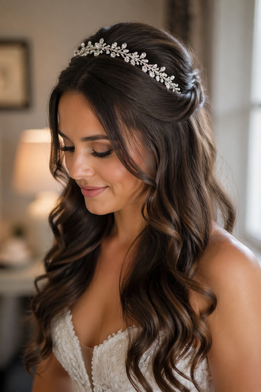 Close-up of a real bride wearing a half-up hairstyle with a tiara
