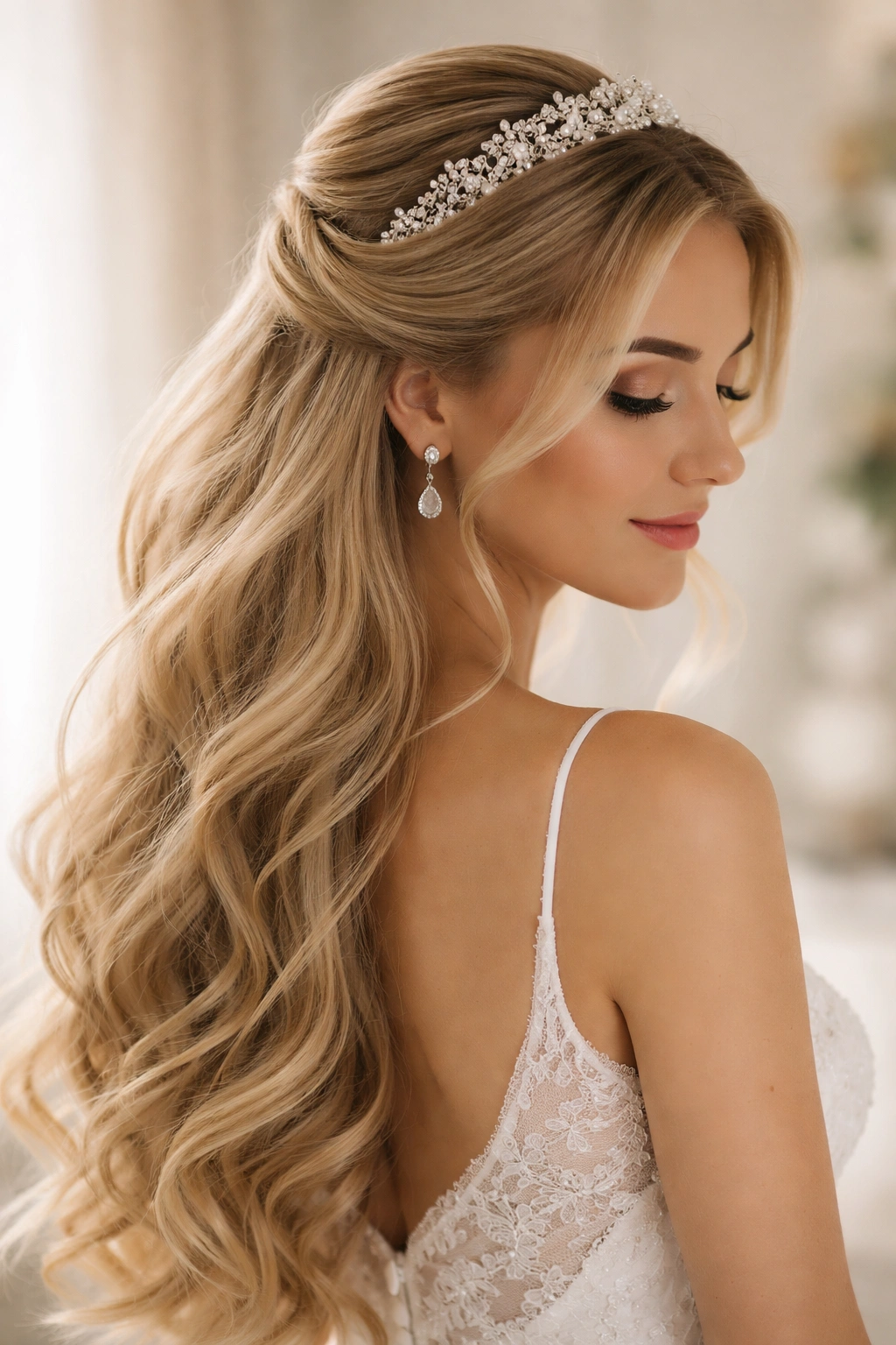 Close-up of a bridal half-up with a jeweled tiara and soft waves.