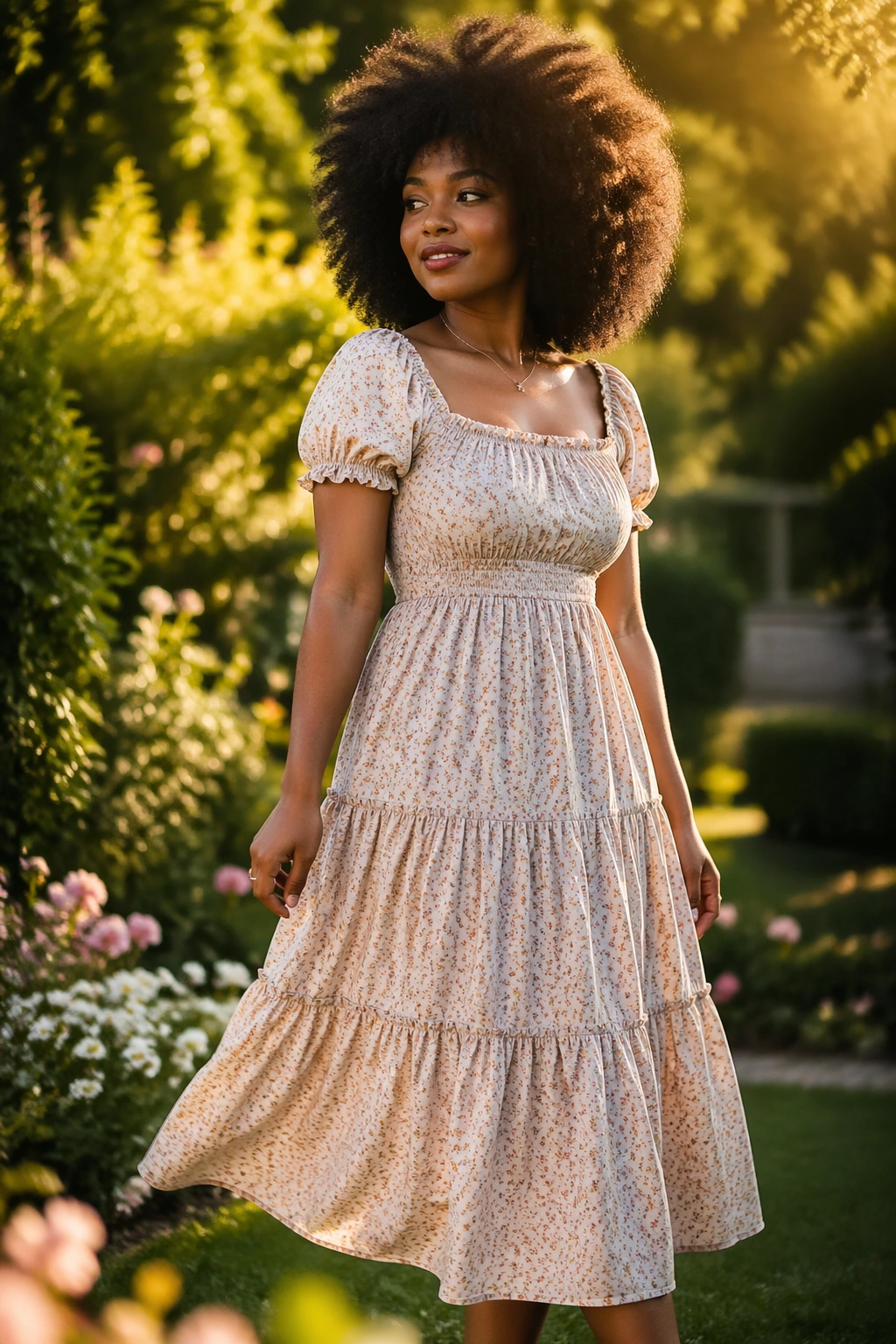 Medium close-up of a real woman in a tiered prairie dress in a sunlit garden