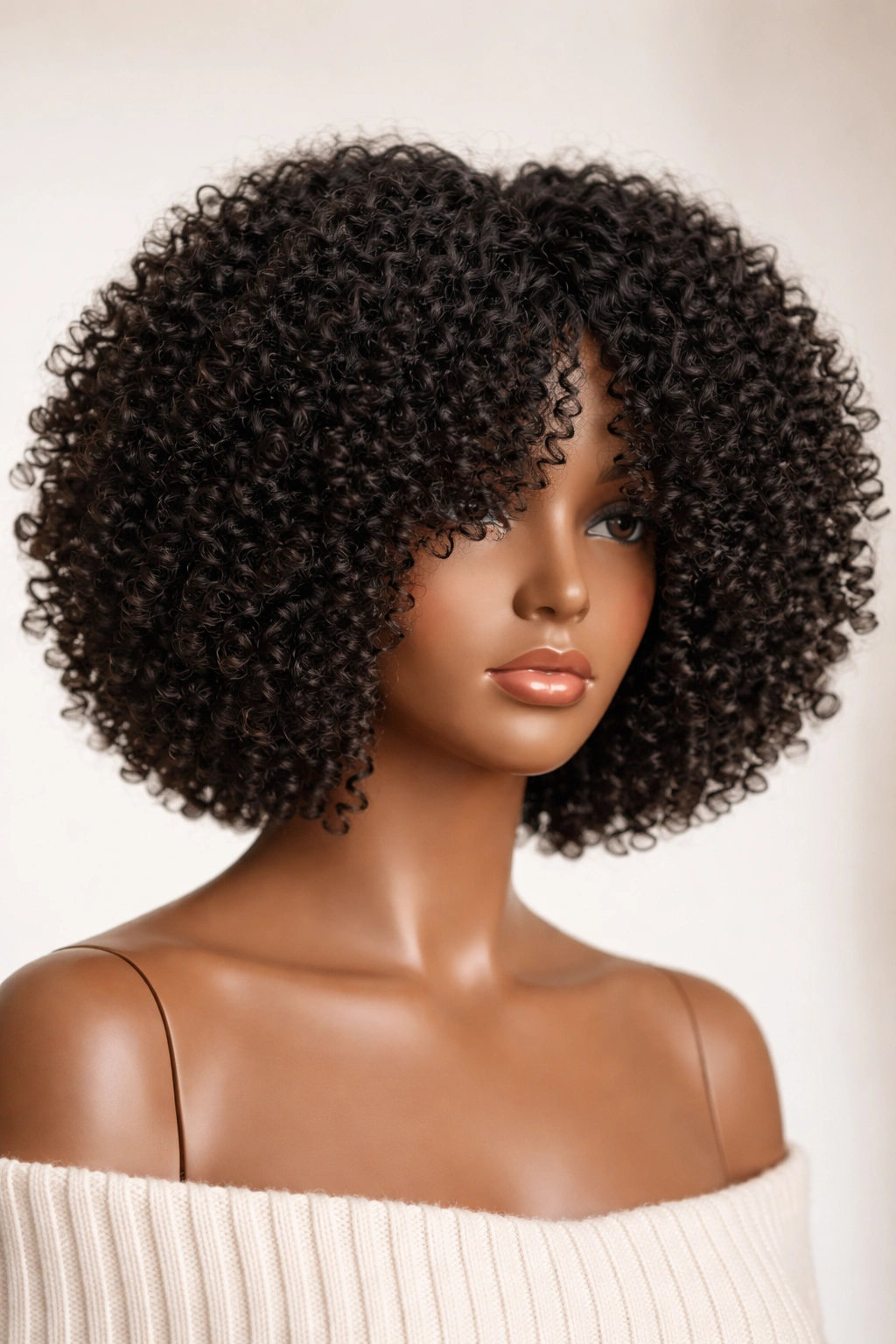 Wig on mannequin with dense tight coils forming a jawline-length afro bob