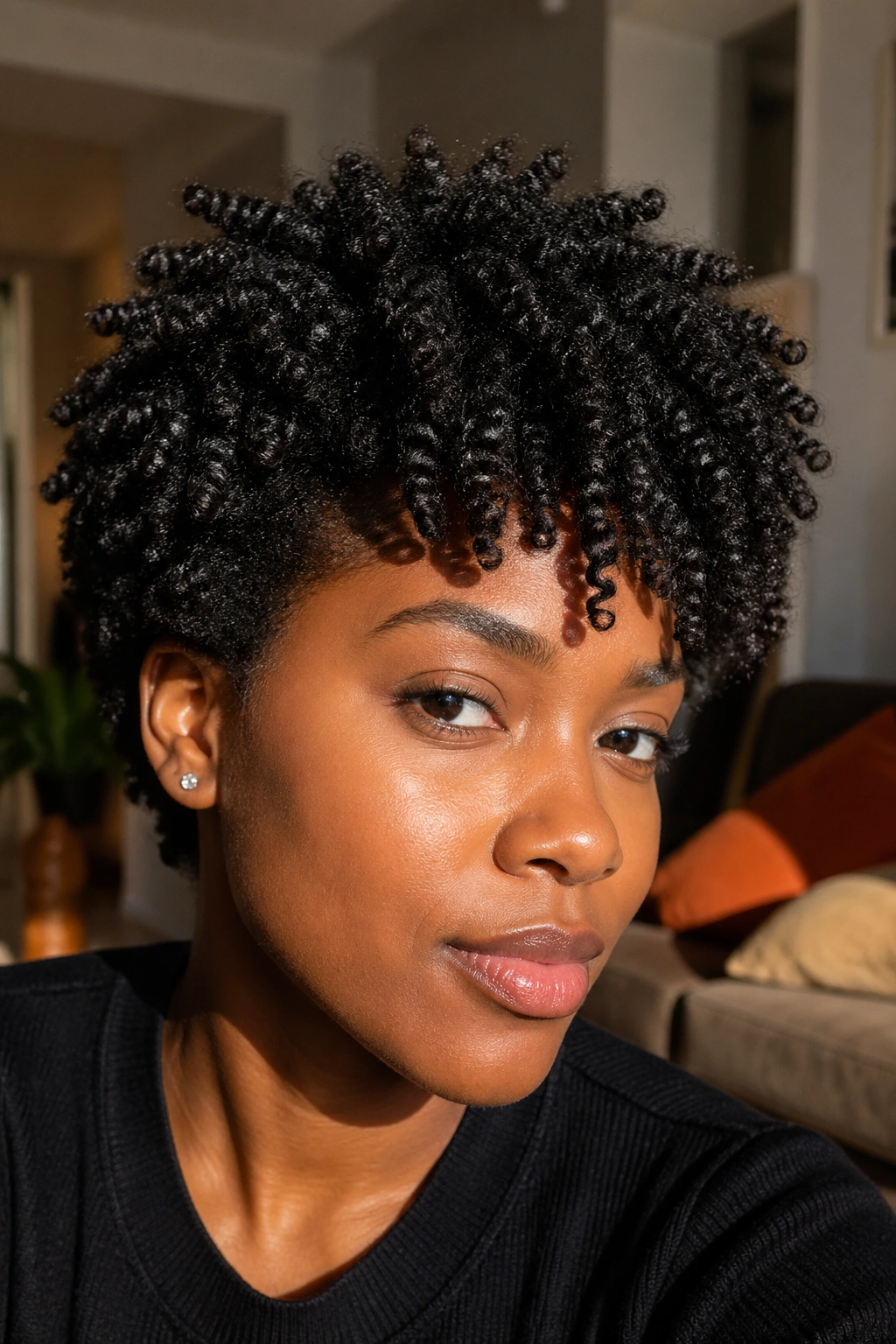 Close-up of a real woman with tight coil brushout curls