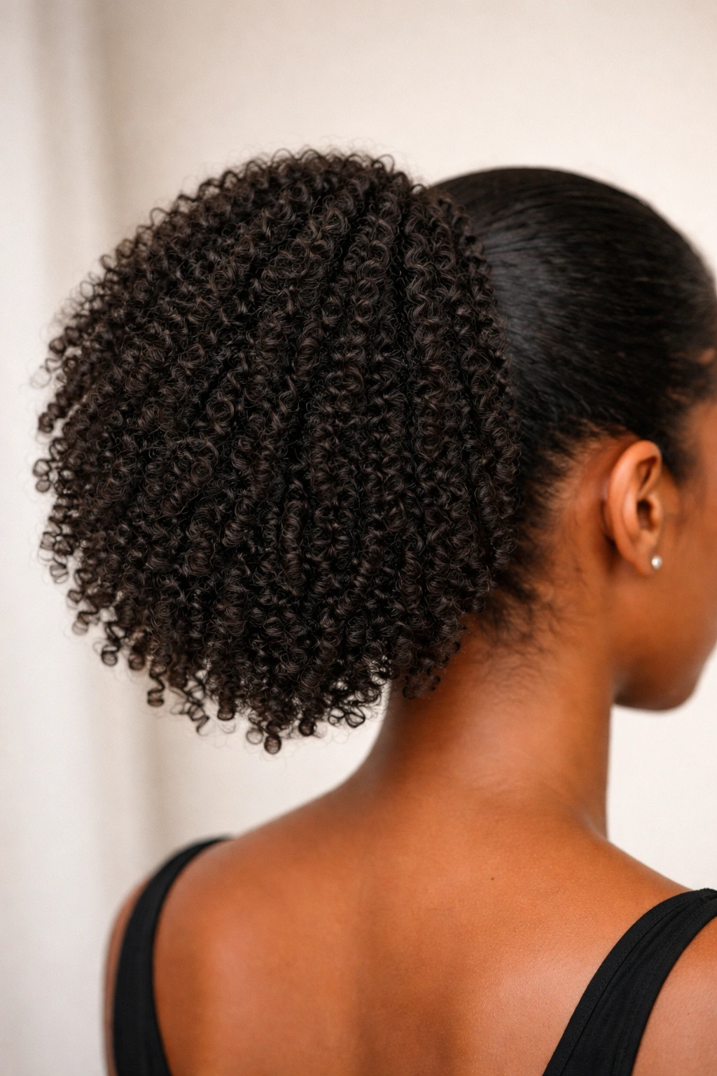 Dense tight coil extension ponytail over a small bun