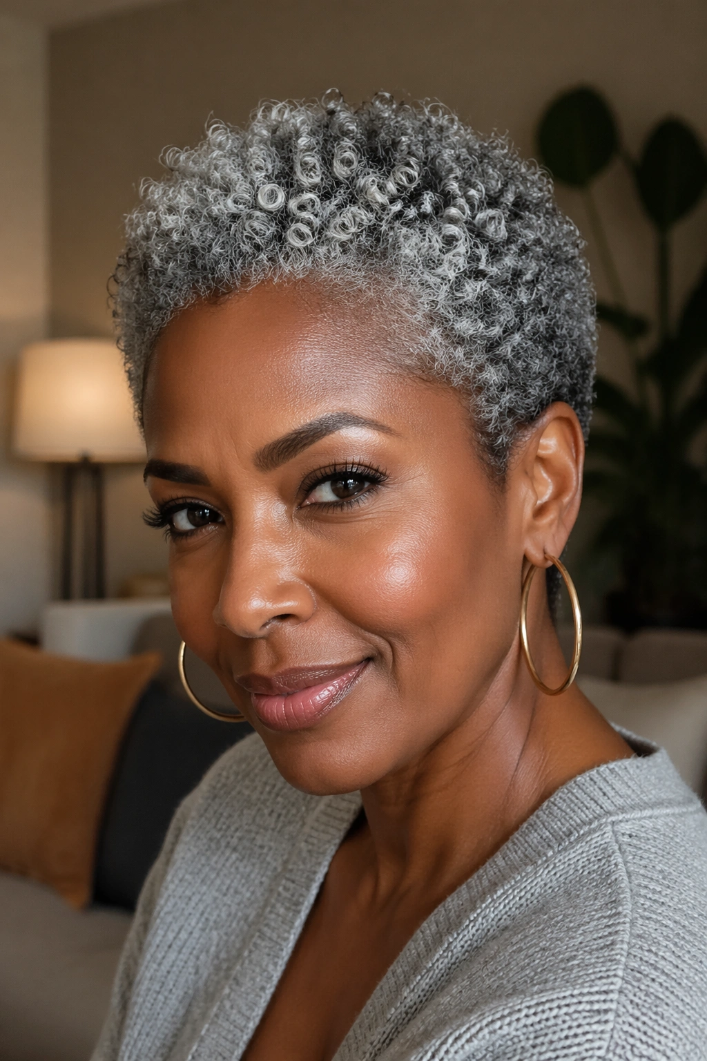 Close-up of a real woman with tight coil TWA at very short length