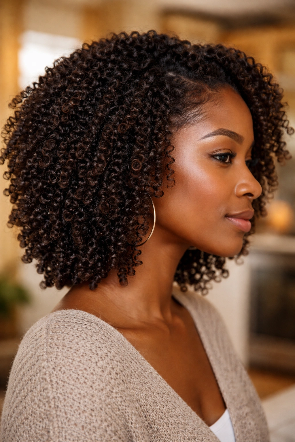 Real person with defined tight curls filling the frame in warm indoor light.