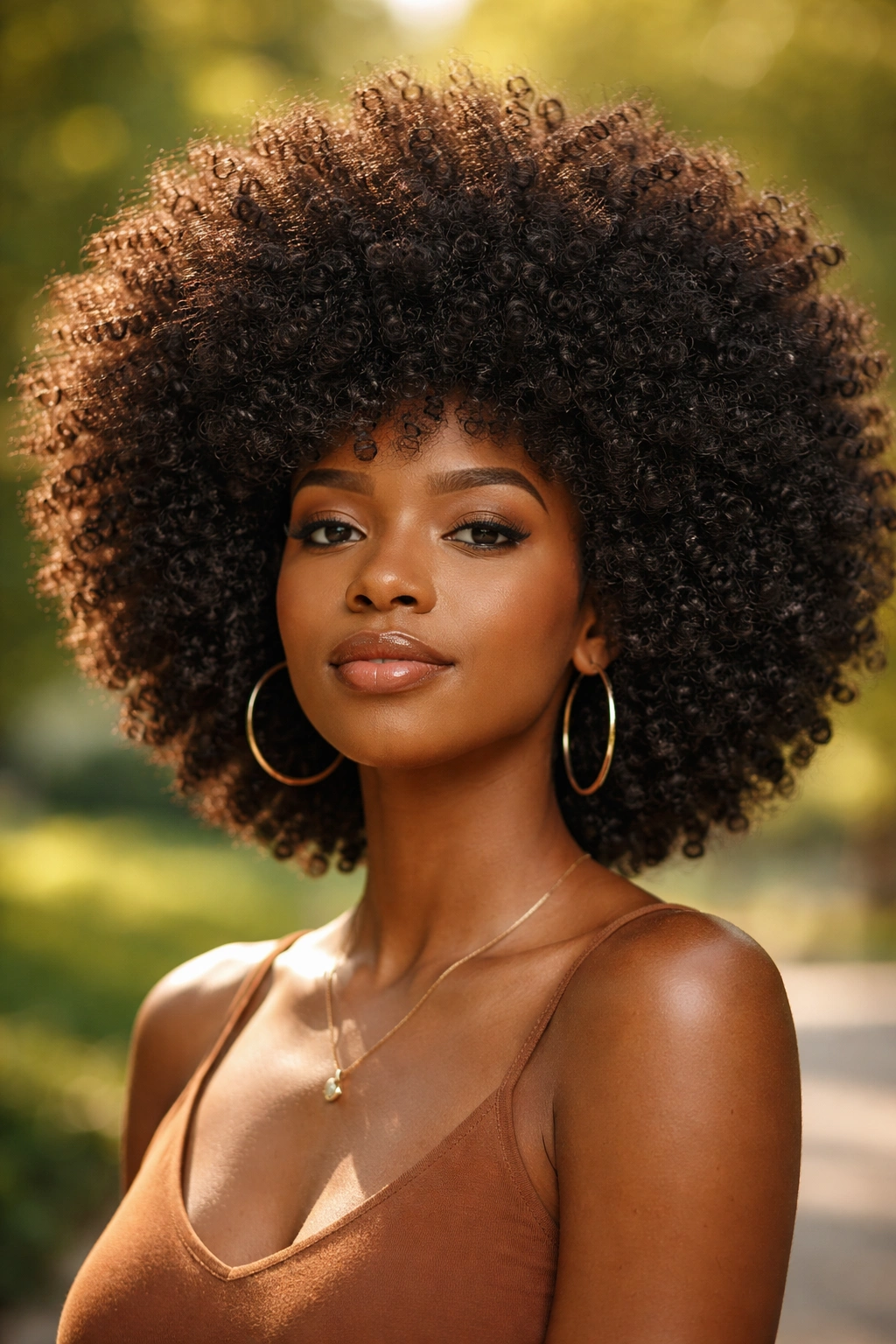 Close-up of a real person with a voluminous tight curl afro in sunlit outdoor setting