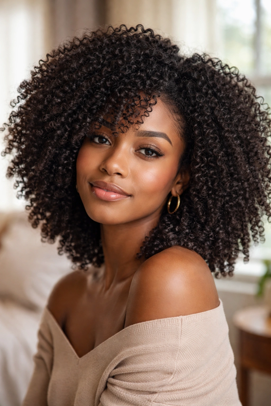 Close-up portrait of a real person with tight curls filling the frame in a cozy bedroom setting.