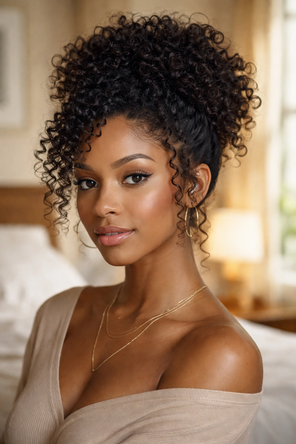 Close-up of a real woman with a tight curl updo in a warm cozy bedroom.