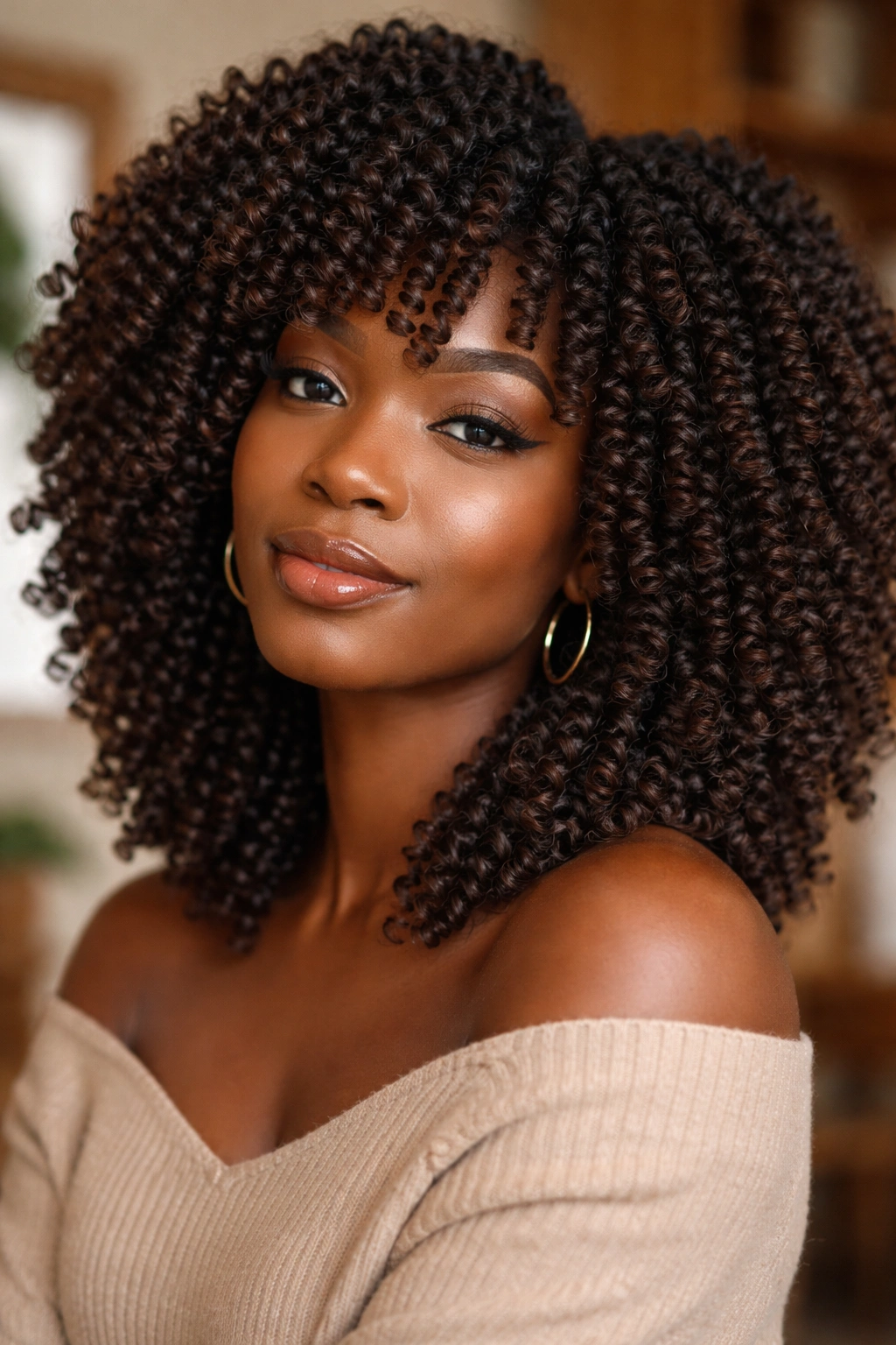 Close-up of a real woman with tight ringlet wand curls on 4C hair