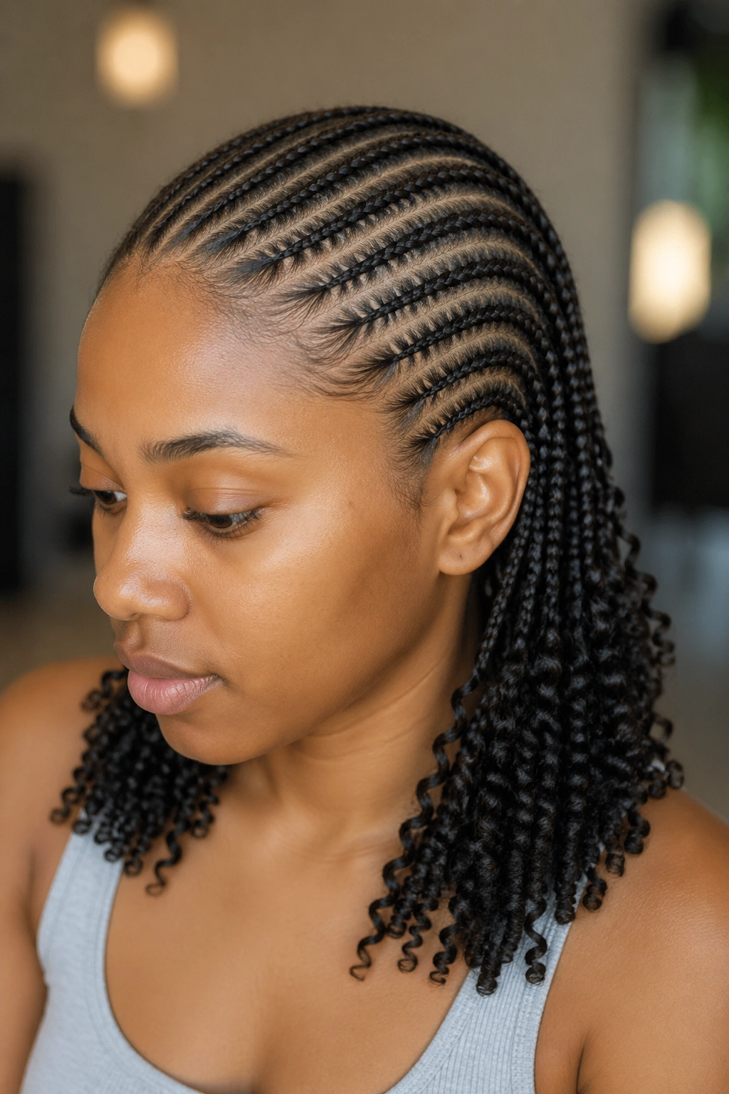 Close-up of straight-back cornrows ending in tight ringlets on a real person