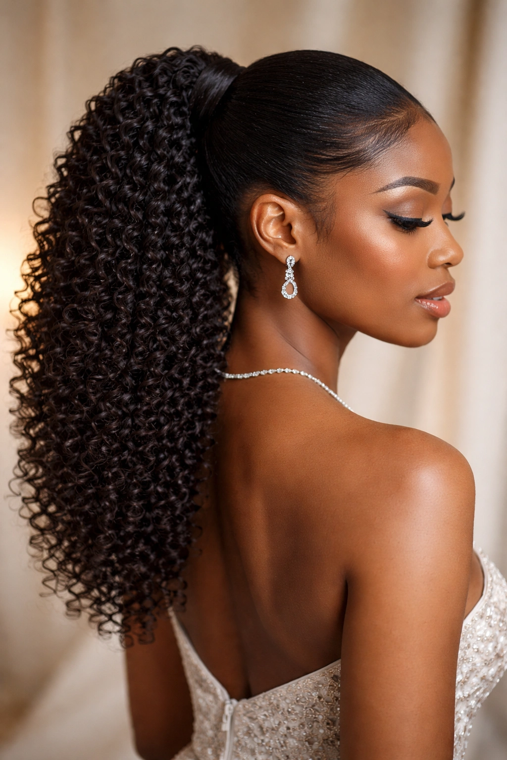 Tight spiral curl ponytail extension with defined curls for formal look