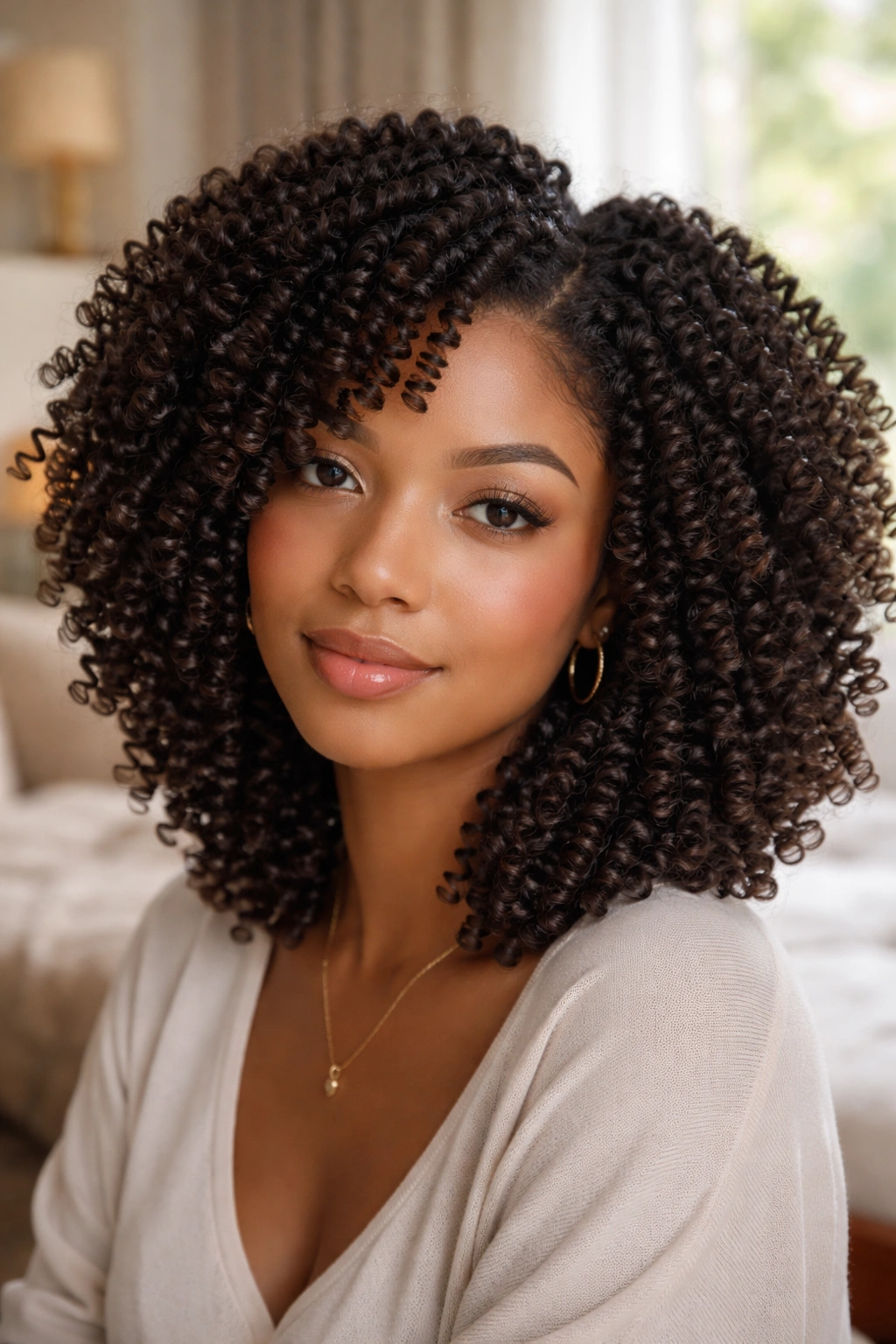 Close-up of a real woman with tight spiral curls formed by small flexi rods