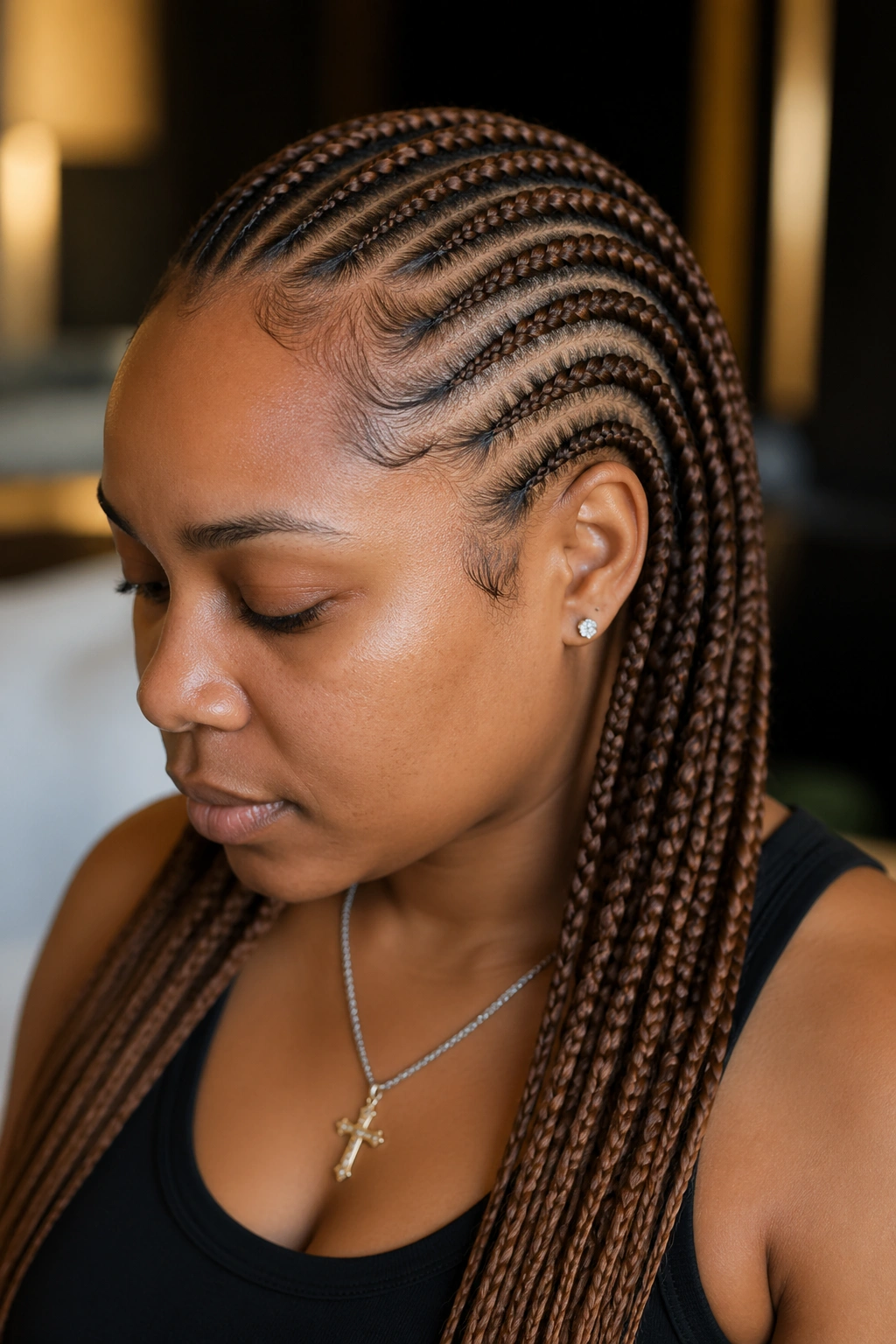 Close-up of a real person with brown cornrows showing subtle color variation