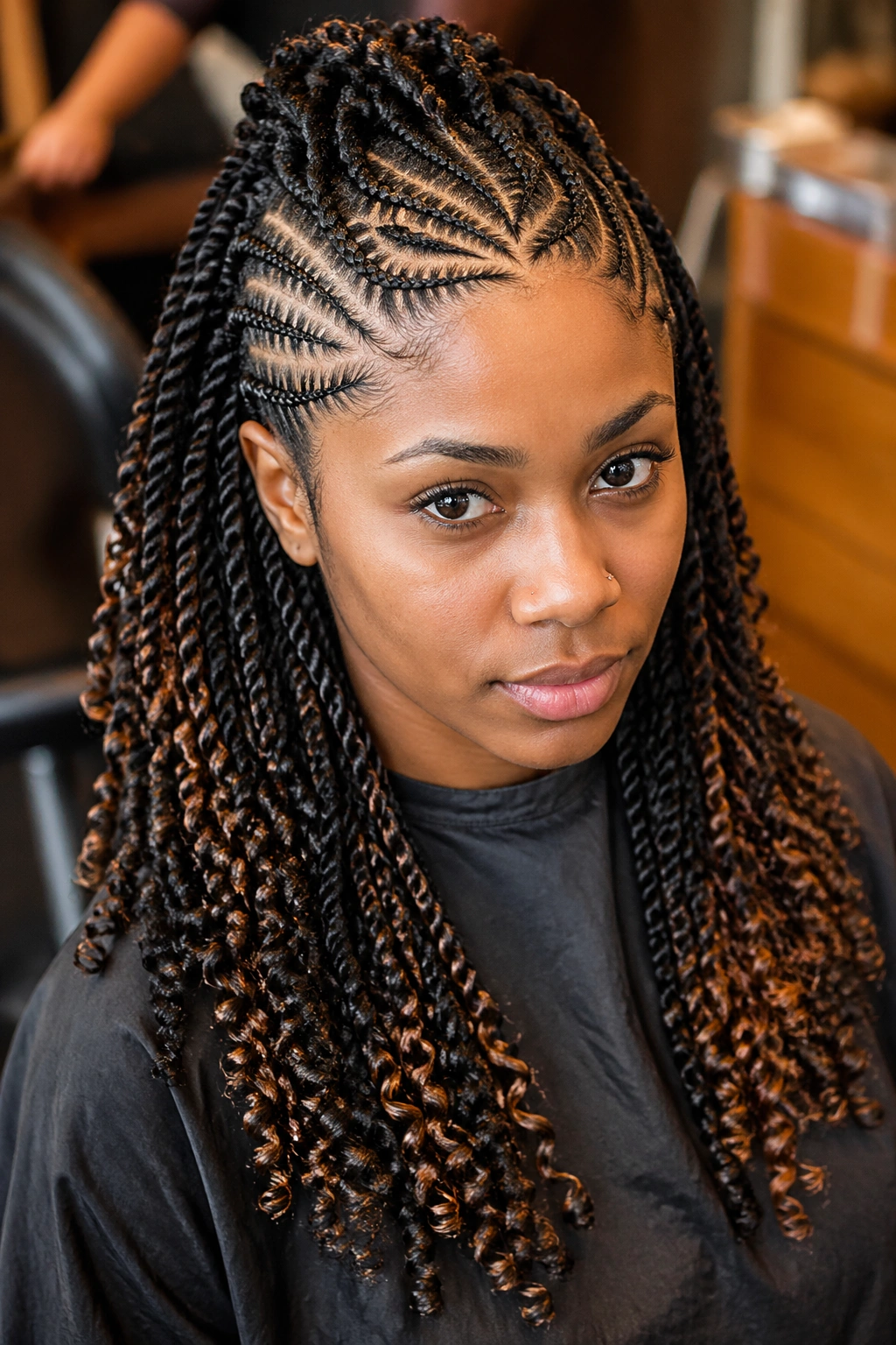 Portrait of a real person with a detailed cornrow-to-twist hairstyle