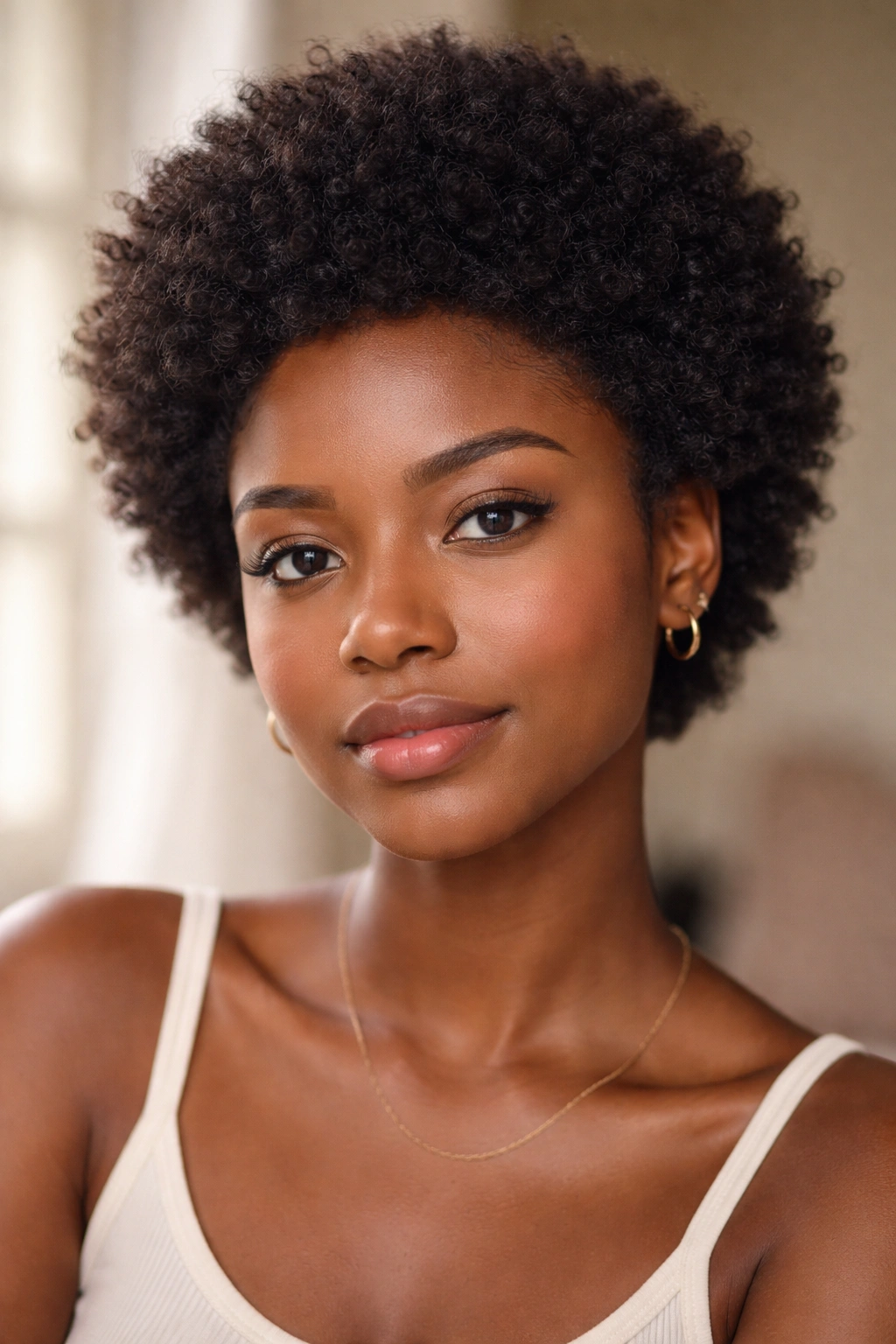 Portrait of a woman with a fluffy tiny afro