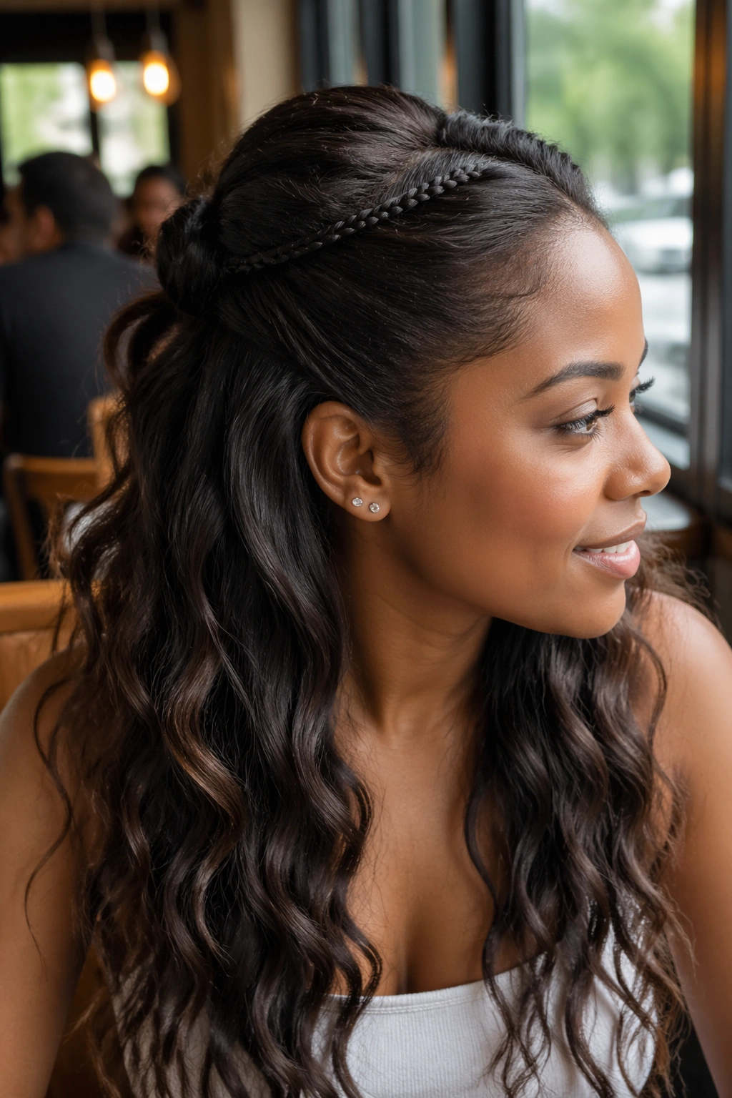 Portrait of a real person with a tiny accent braid integrated into a Half-Up With a Tiny Accent Braid