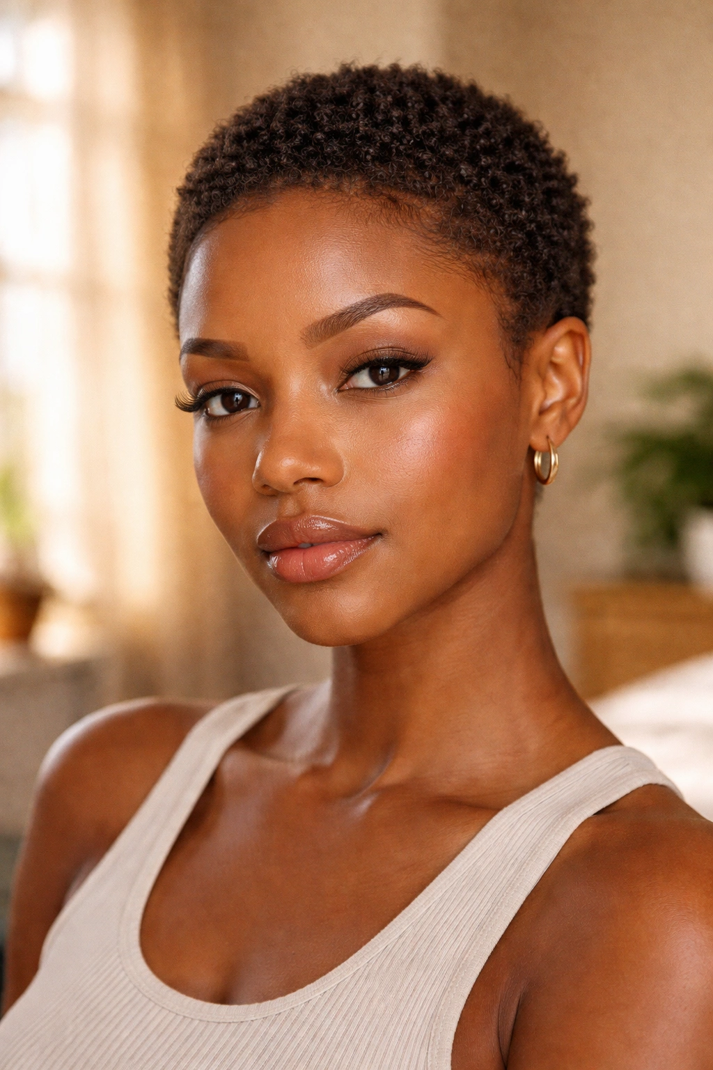 Close-up portrait of a real person with a 1-2 inch tiny Afro, showing tight coils and exposed scalp.
