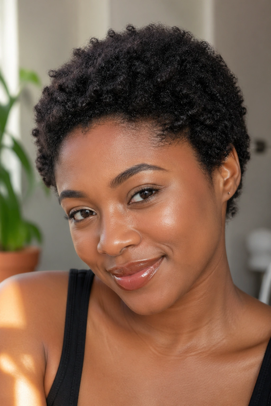 Close-up of a real woman with a tiny Afro after wash-and-go.