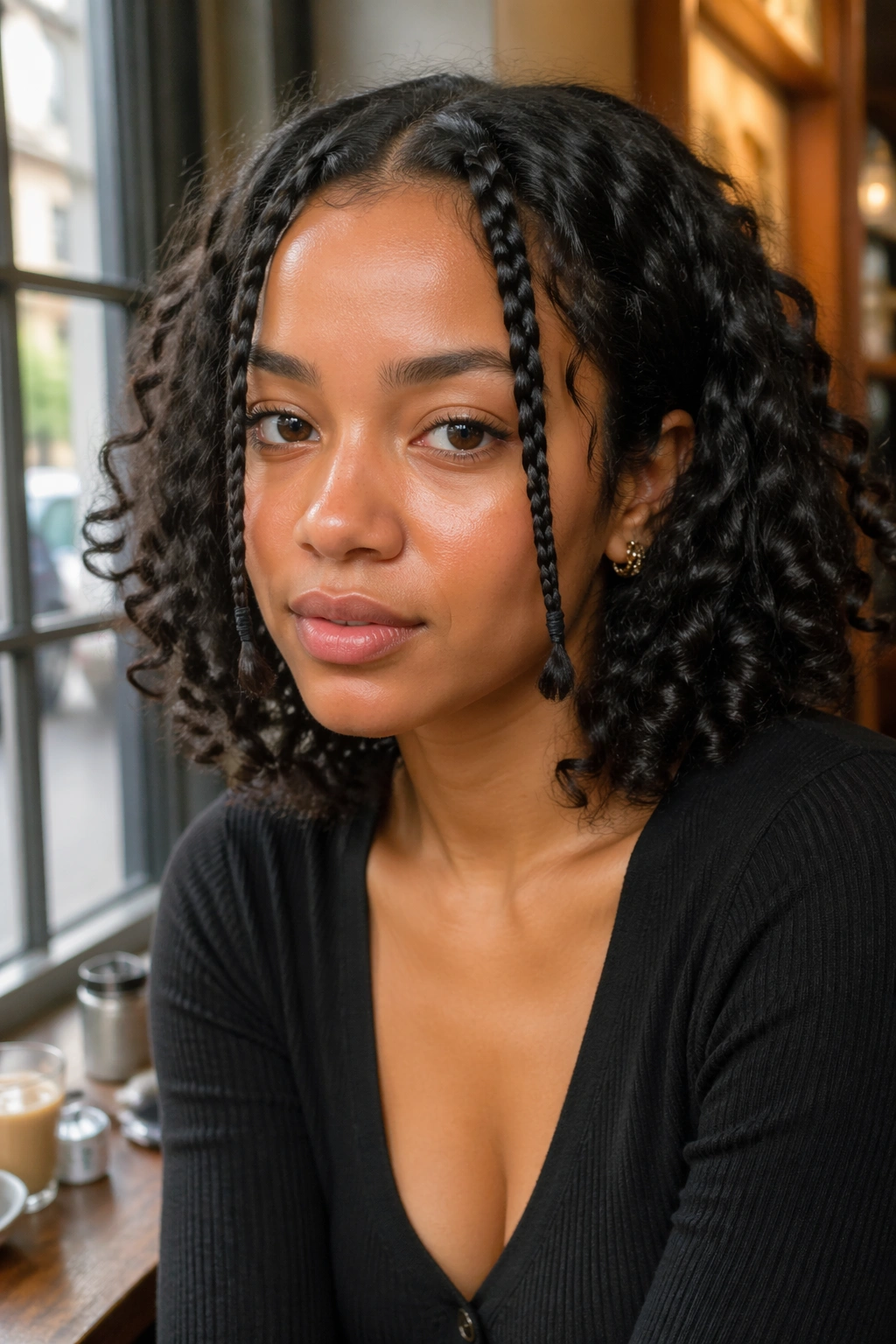 Real woman with tiny front braids and loose curls at a cafe window