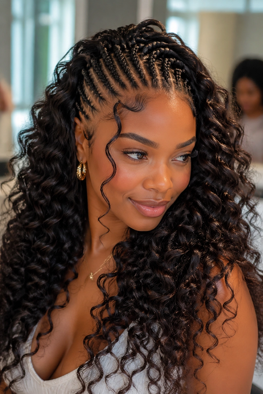 Close-up portrait of tiny cornrows transitioning to big curls in a bright salon.