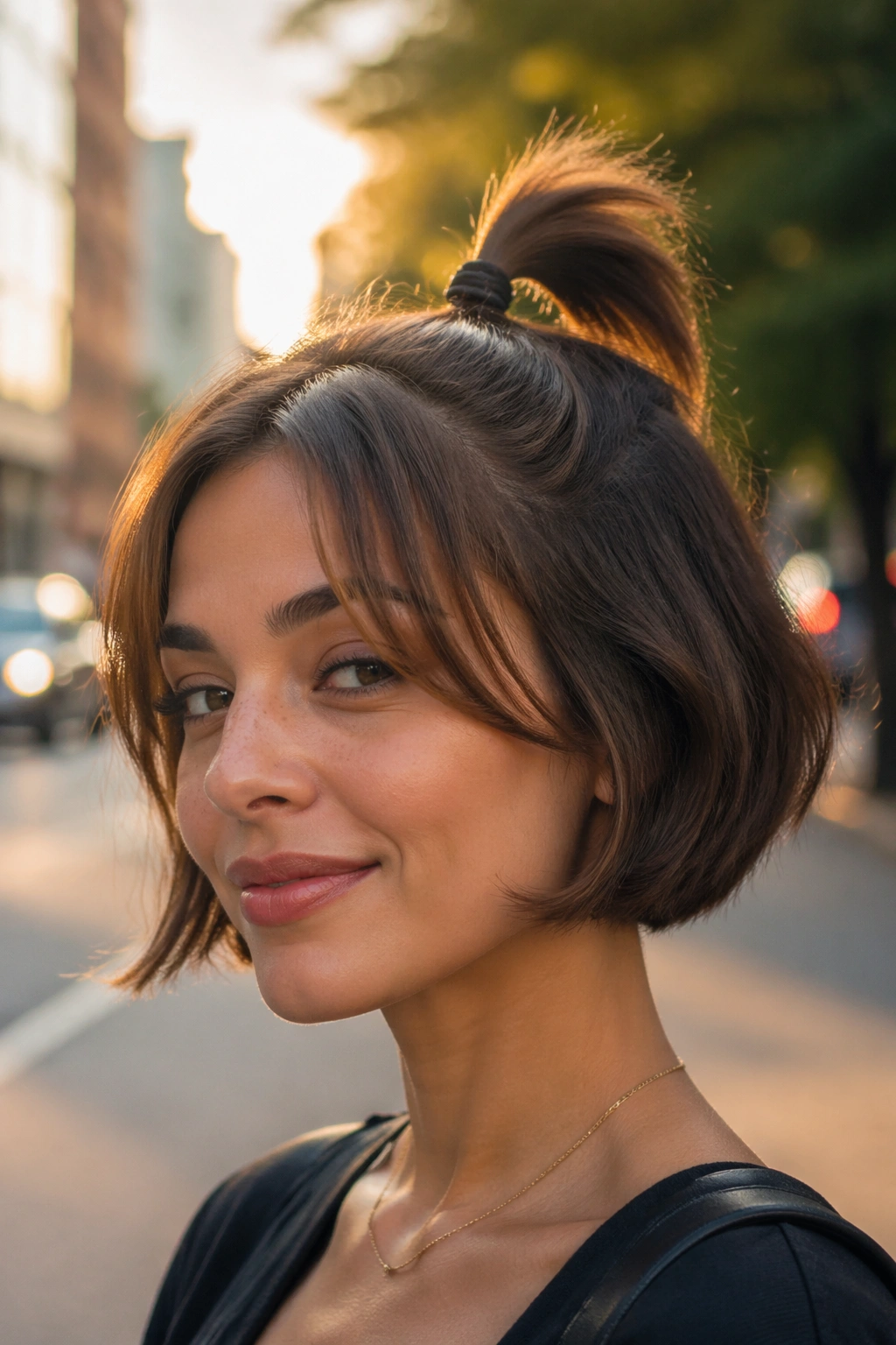 Real woman with a tiny high ponytail on a bob against a golden hour city street backdrop.