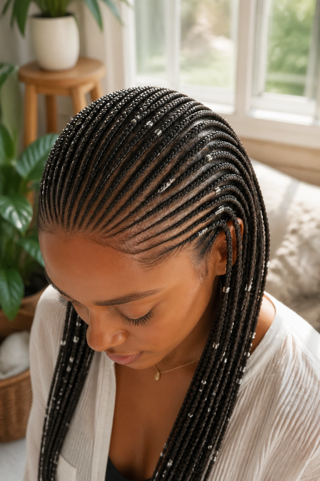Close-up of tiny seed beads on many thin feed-in cornrows across the head