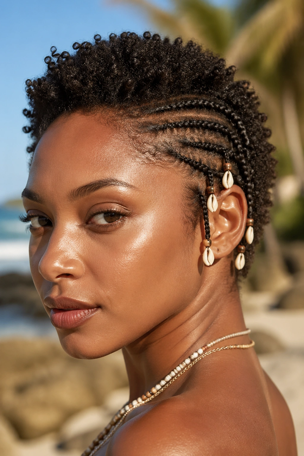 Close-up of a real woman with tiny side braids and shells/beads