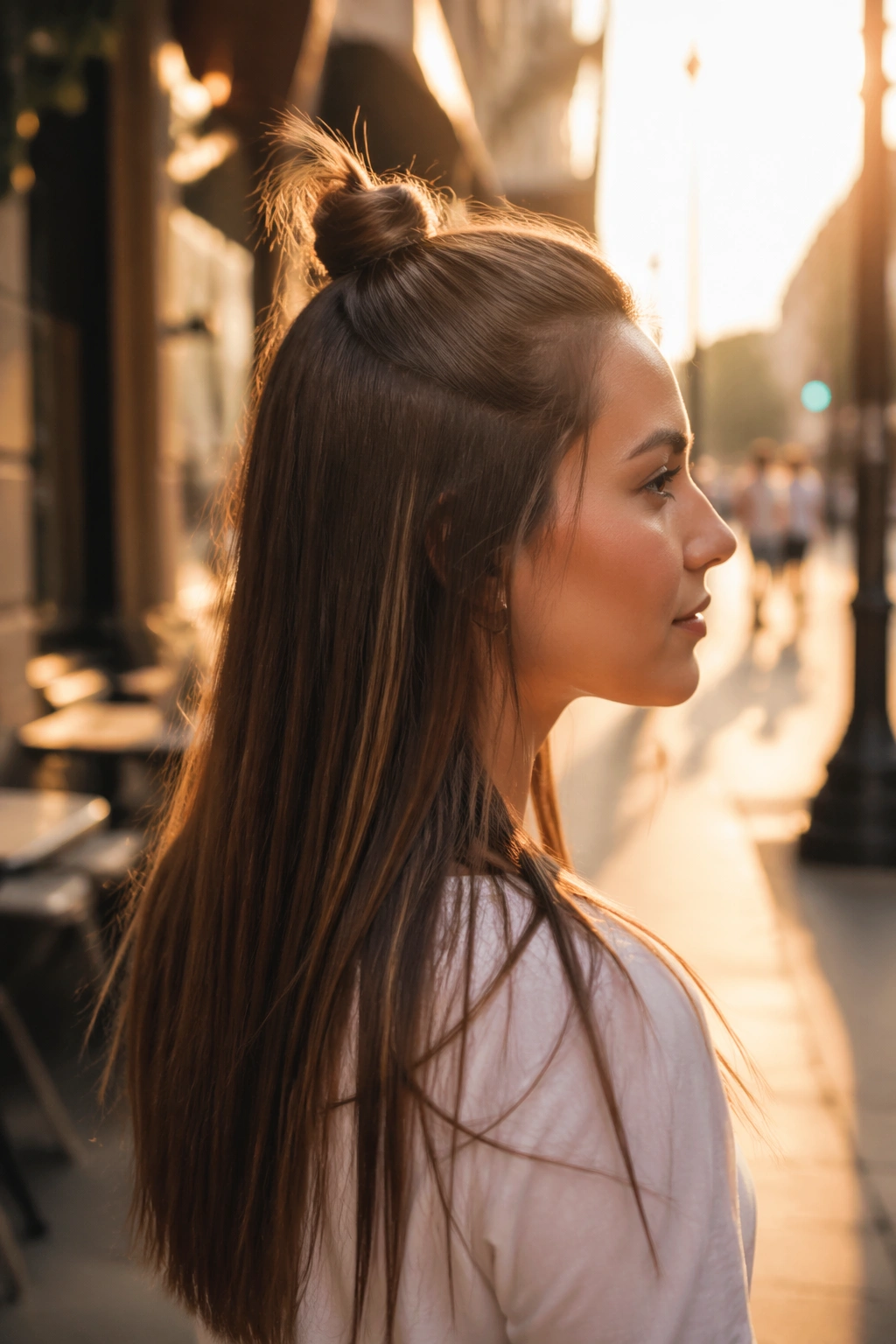 Tiny Top Knot Half Up side profile at golden hour