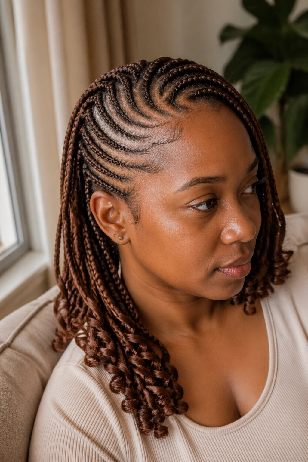 Close-up of a real person with tobacco brown lemonade cornrows, side-swept style and curled ends in a warm living room.