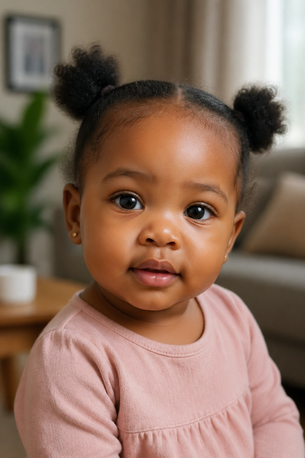 Toddler with small puffs on both sides in a cozy home setting