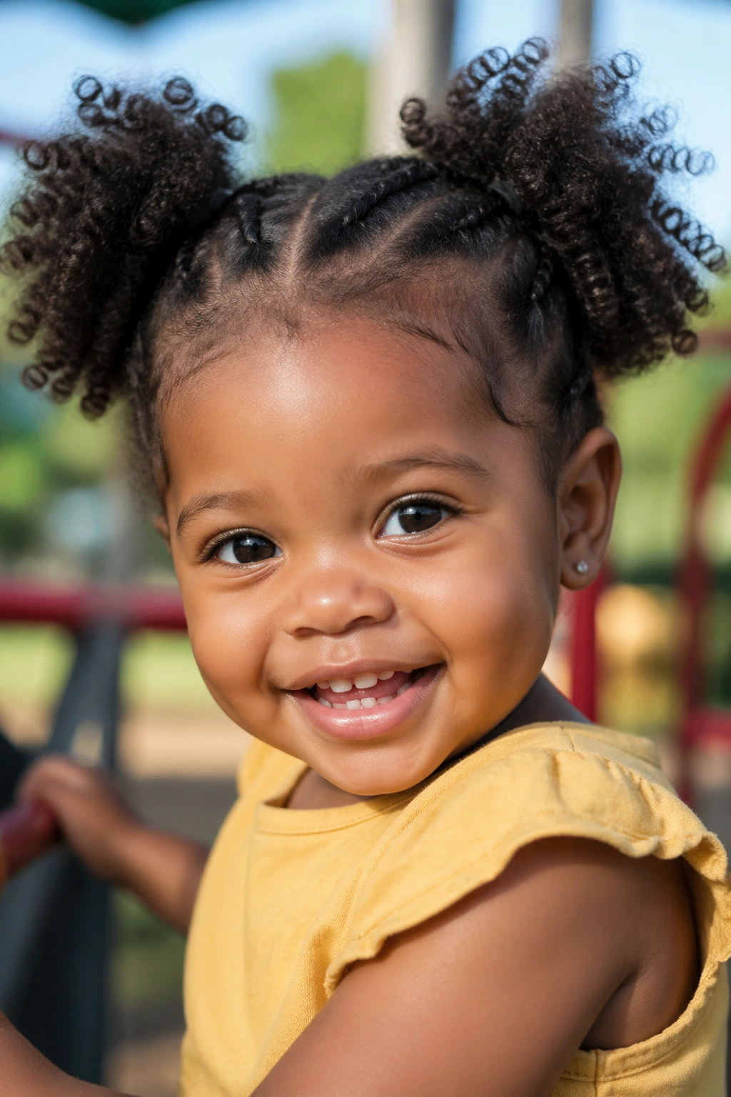 Toddler with twin puff protective hairstyle in outdoor setting