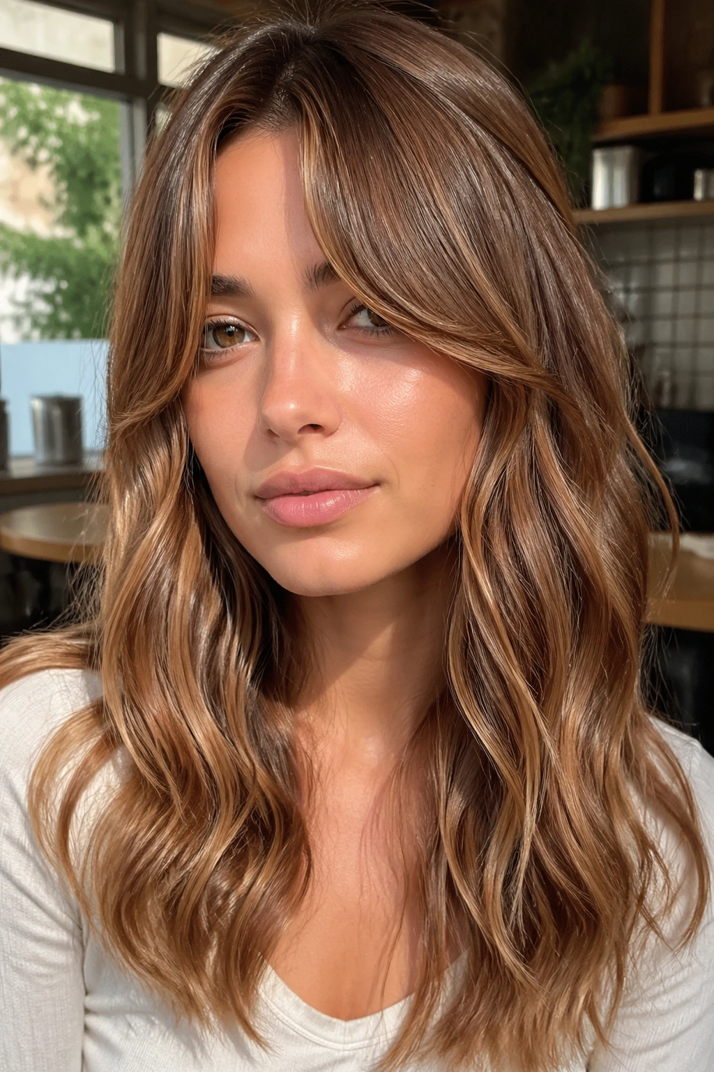 Close-up of a real woman with toffee brown bottleneck bangs and waves.